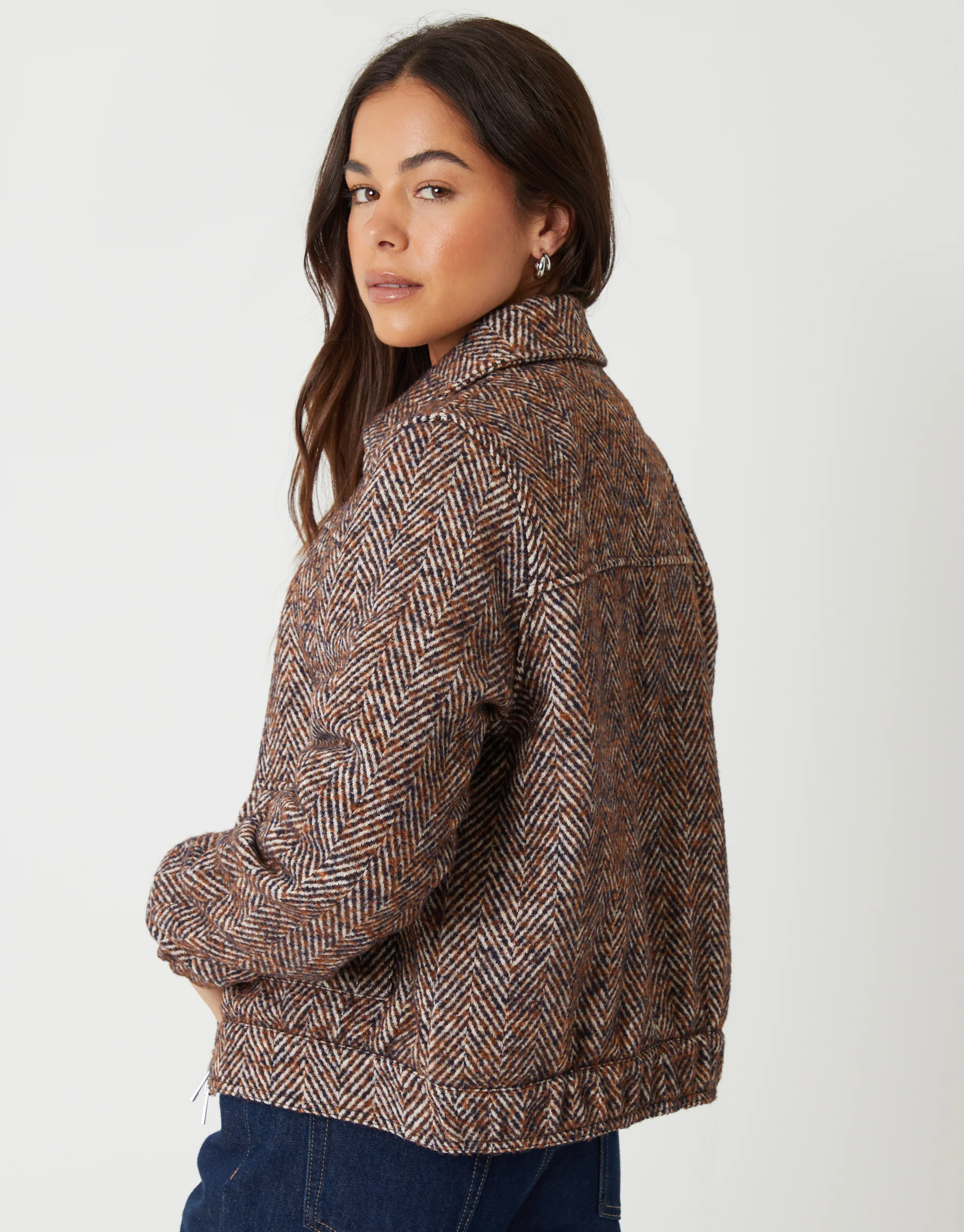 Herringbone Faux Wool Jacket in Brown Check - Image 3
