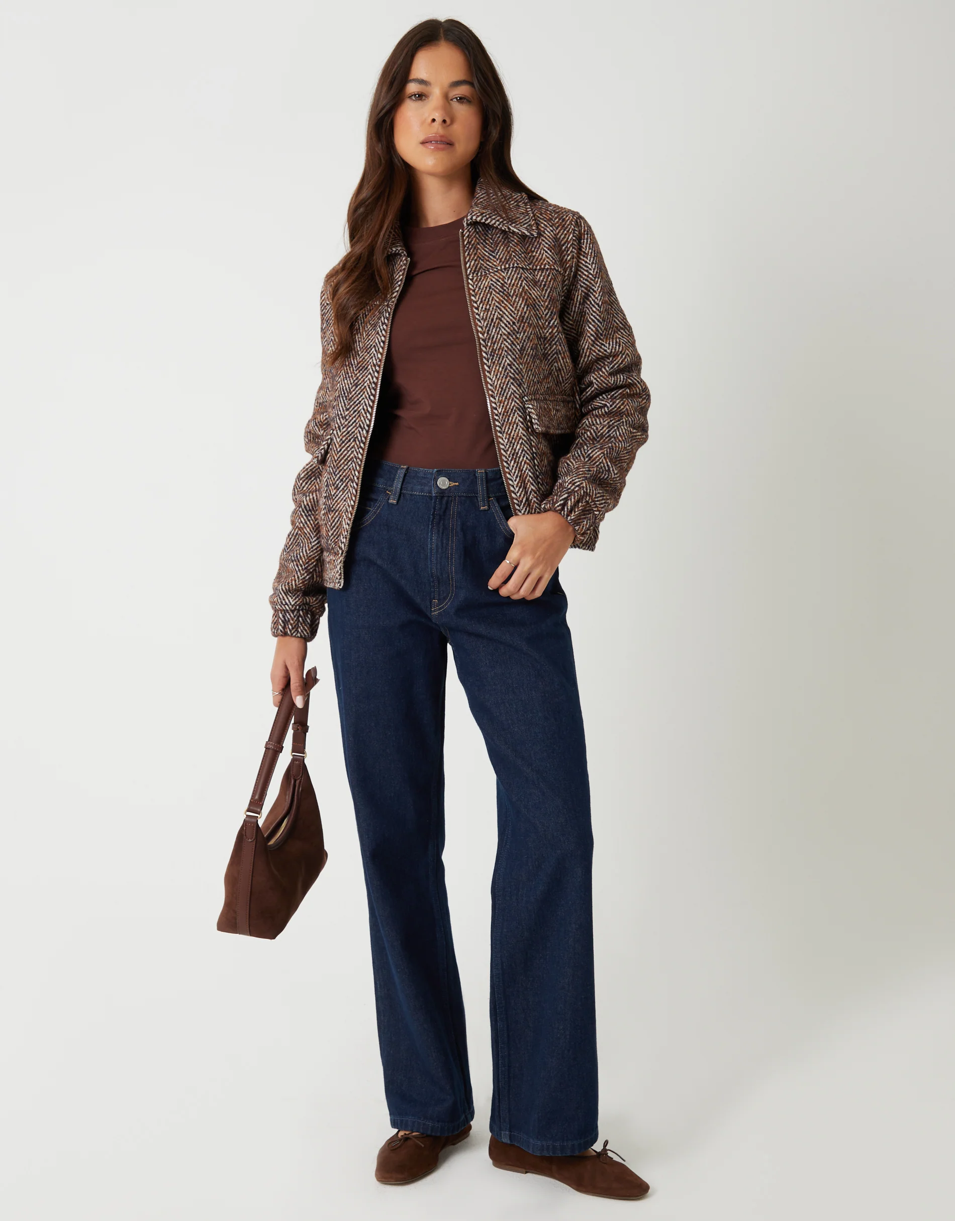 Herringbone Faux Wool Jacket in Brown Check - Image 4