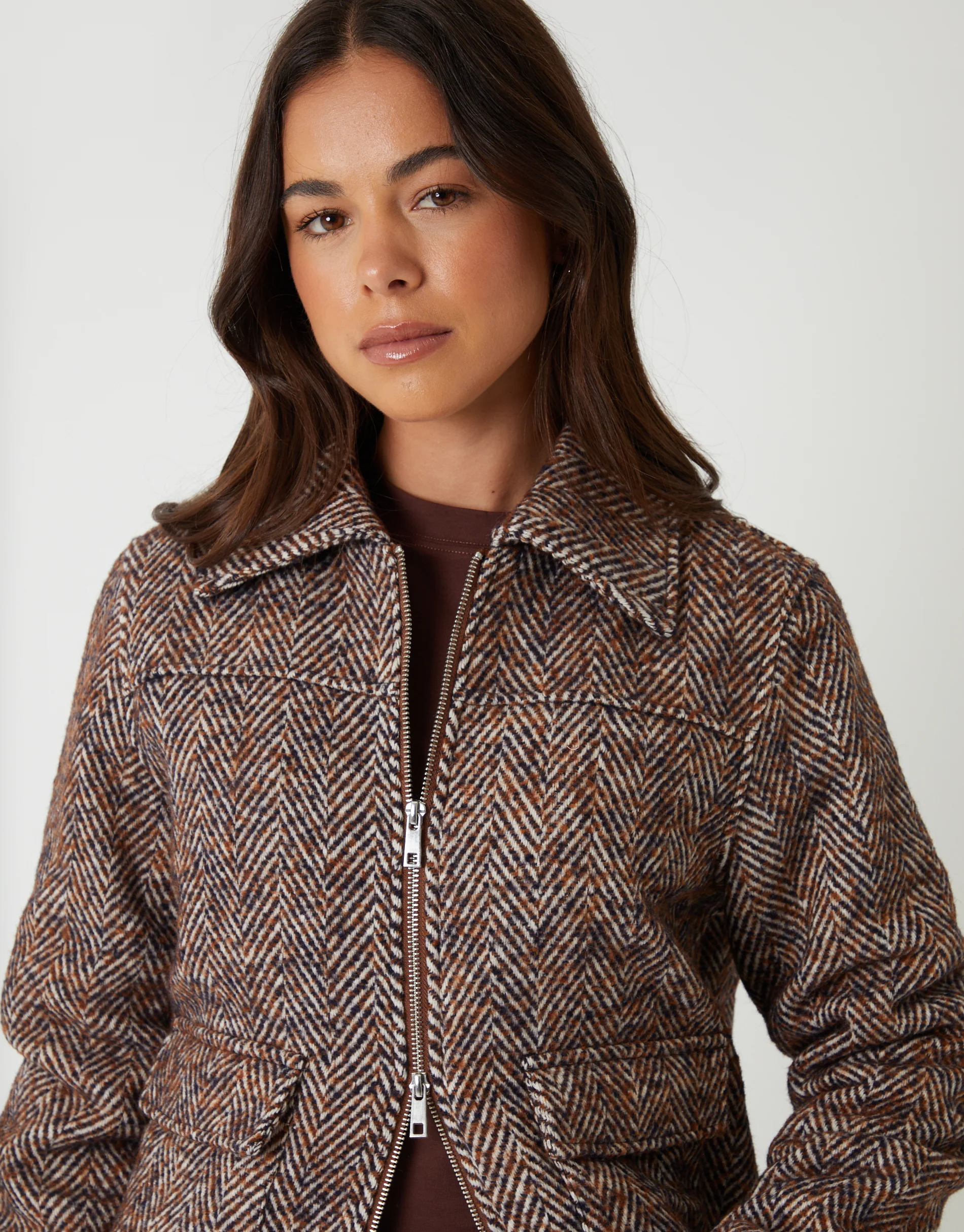 Herringbone Faux Wool Jacket in Brown Check - Image 5