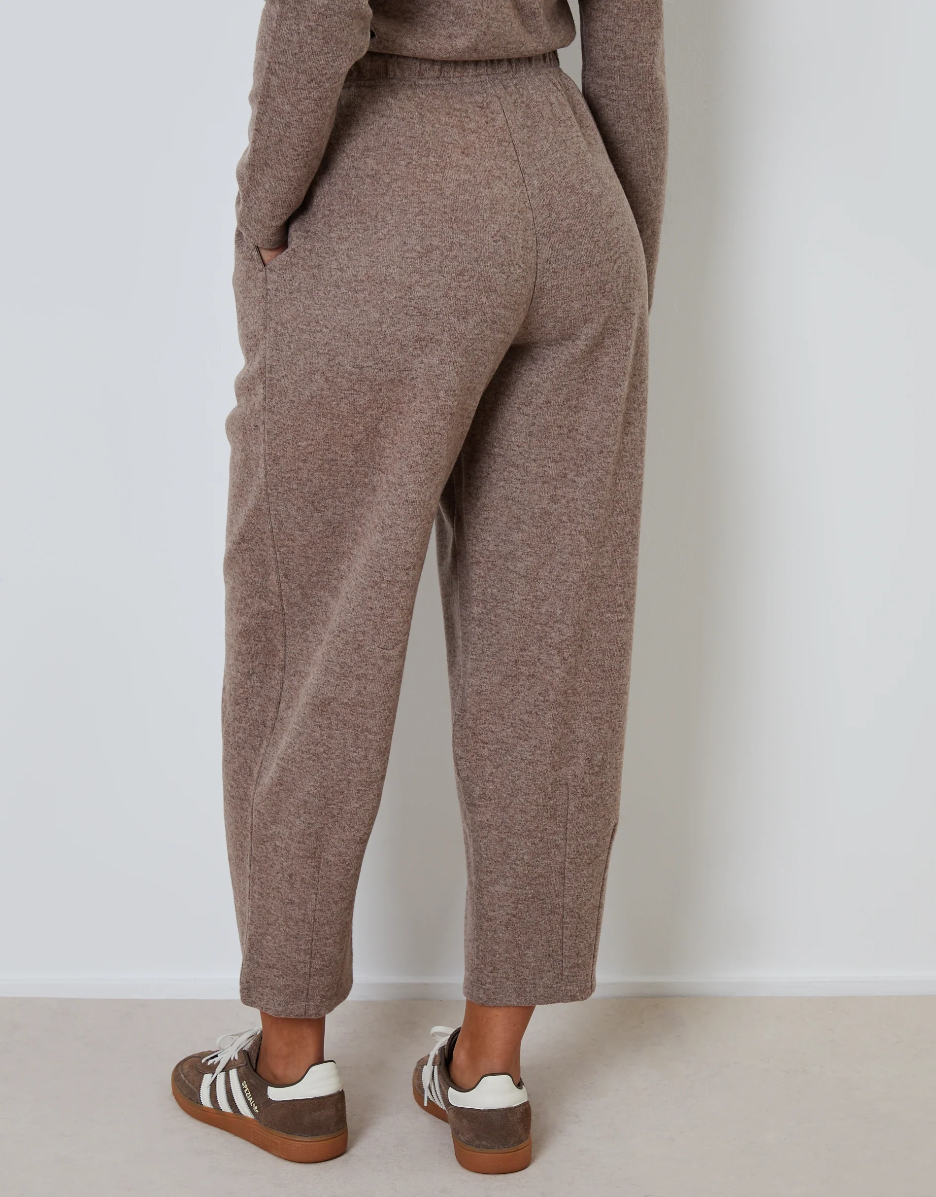 High Waisted Ribbed Barrel Leg Joggers in Brown - Image 4