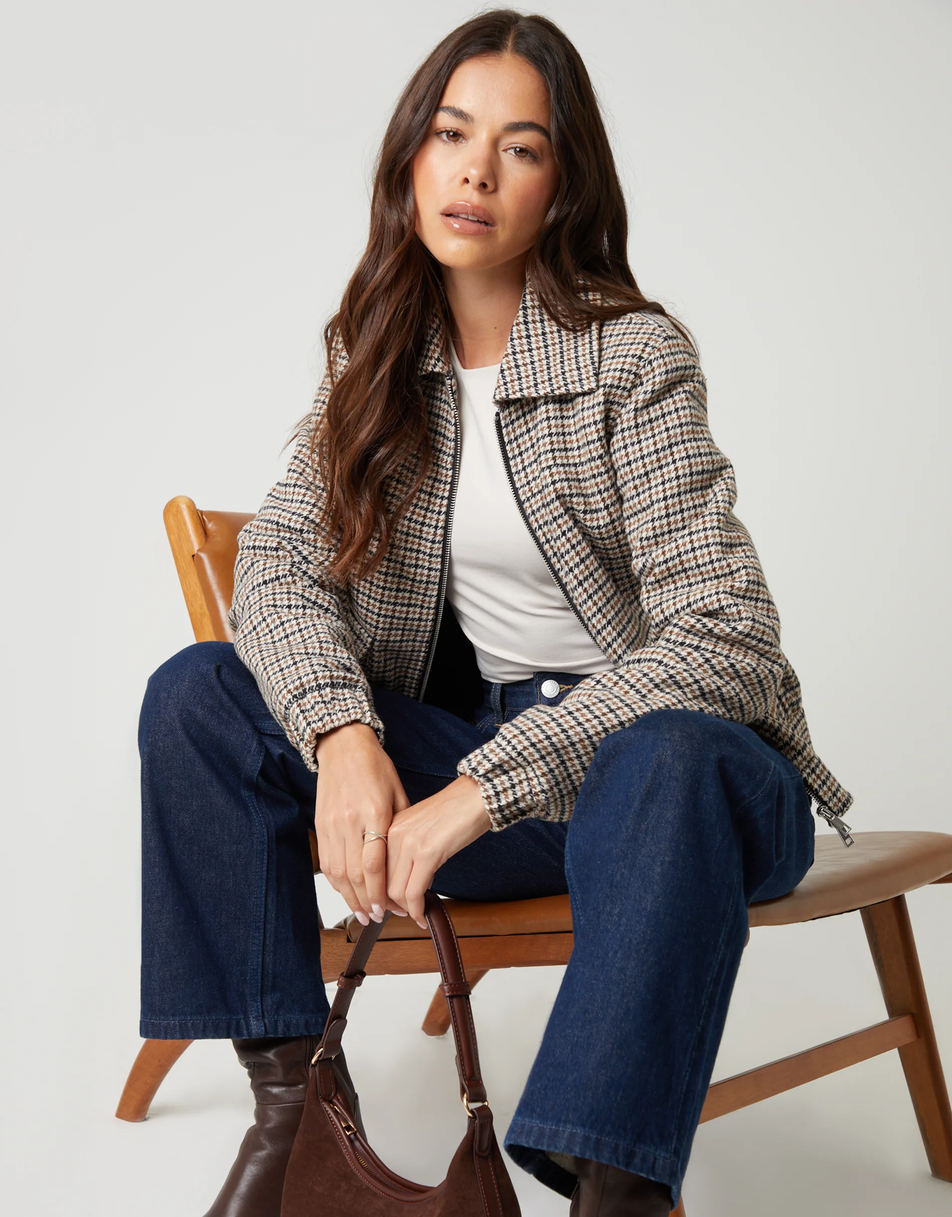 Houndstooth Check Faux Wool Jacket in Brown - Image 4
