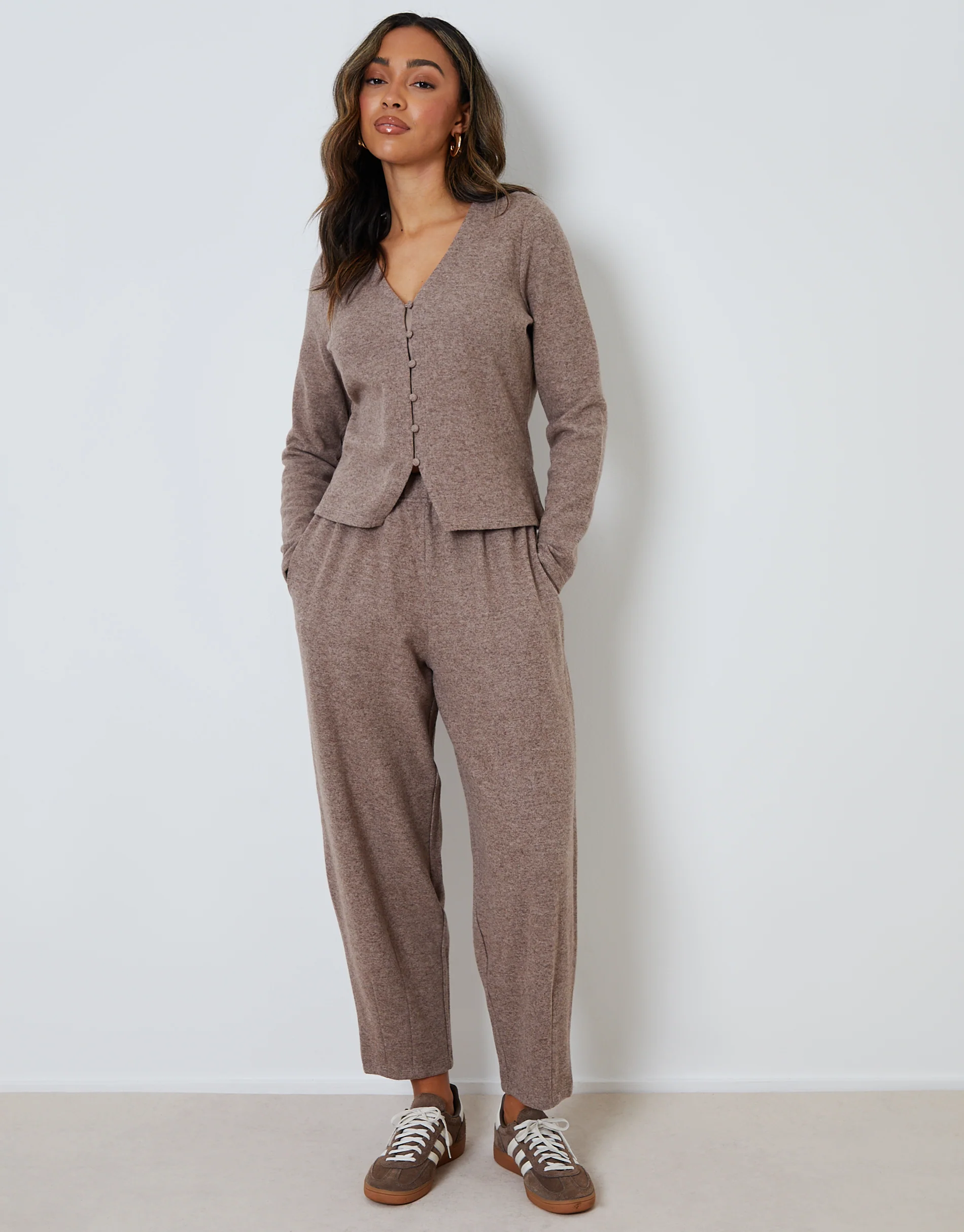Ribbed V Neck Lounge Cardigan in Brown - Image 3
