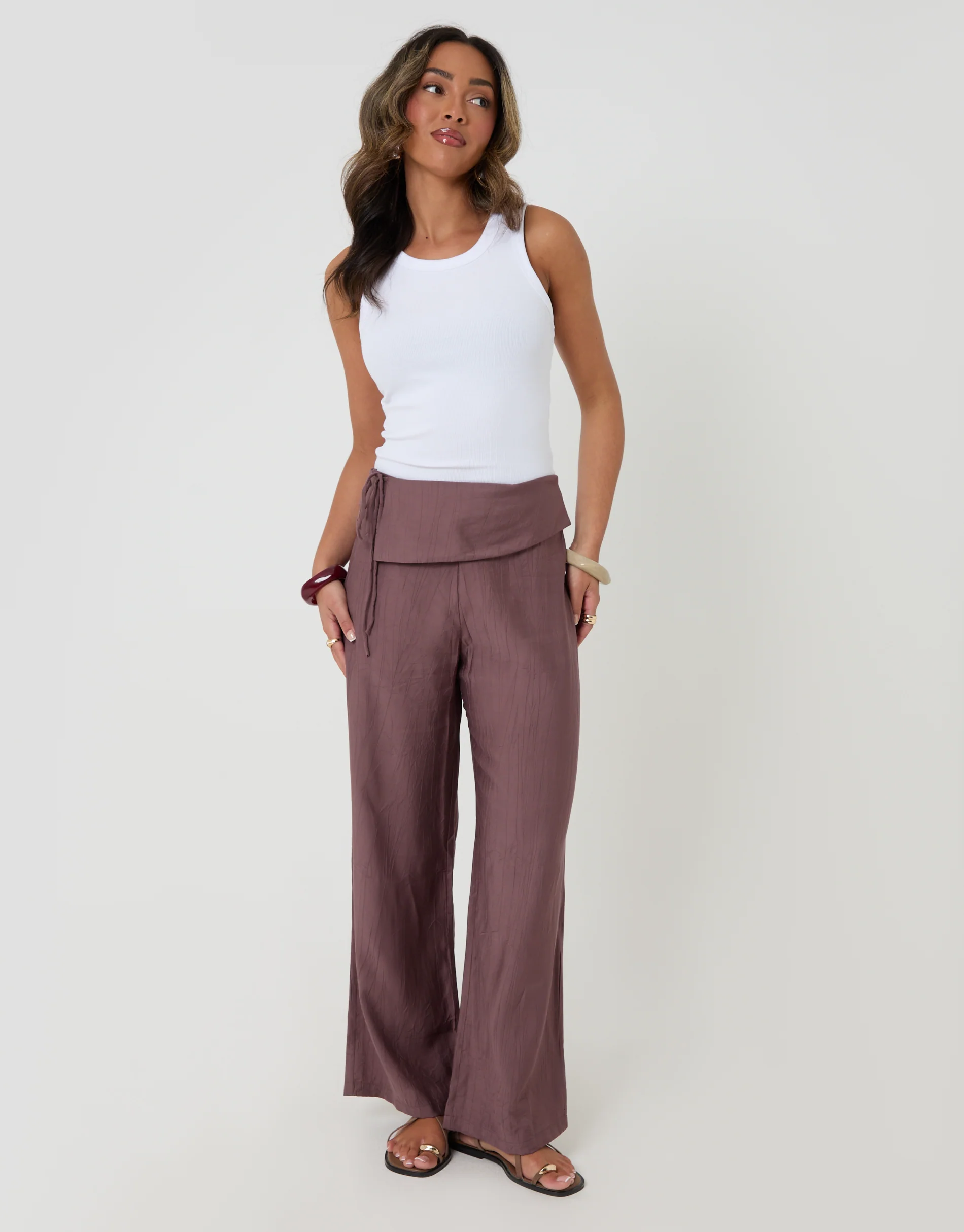 Wide Leg Wrap Front Textured Trousers in Brown