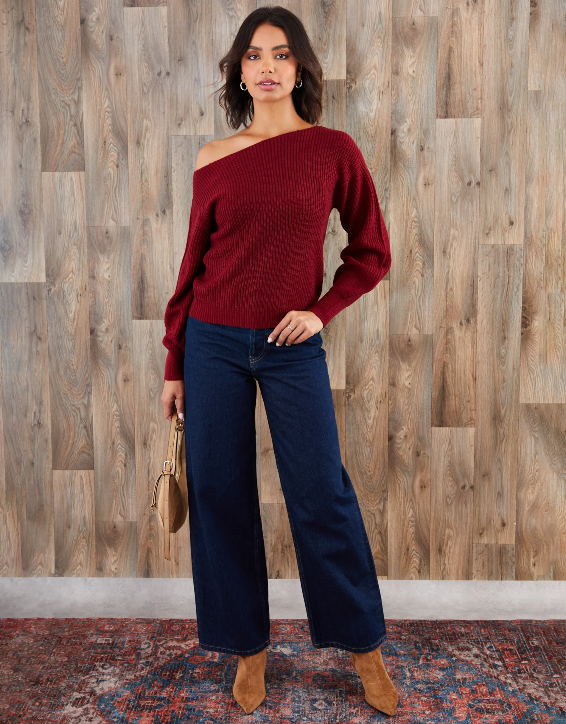 Chunky Knit Slash Neck Jumper in Burgundy - Image 3