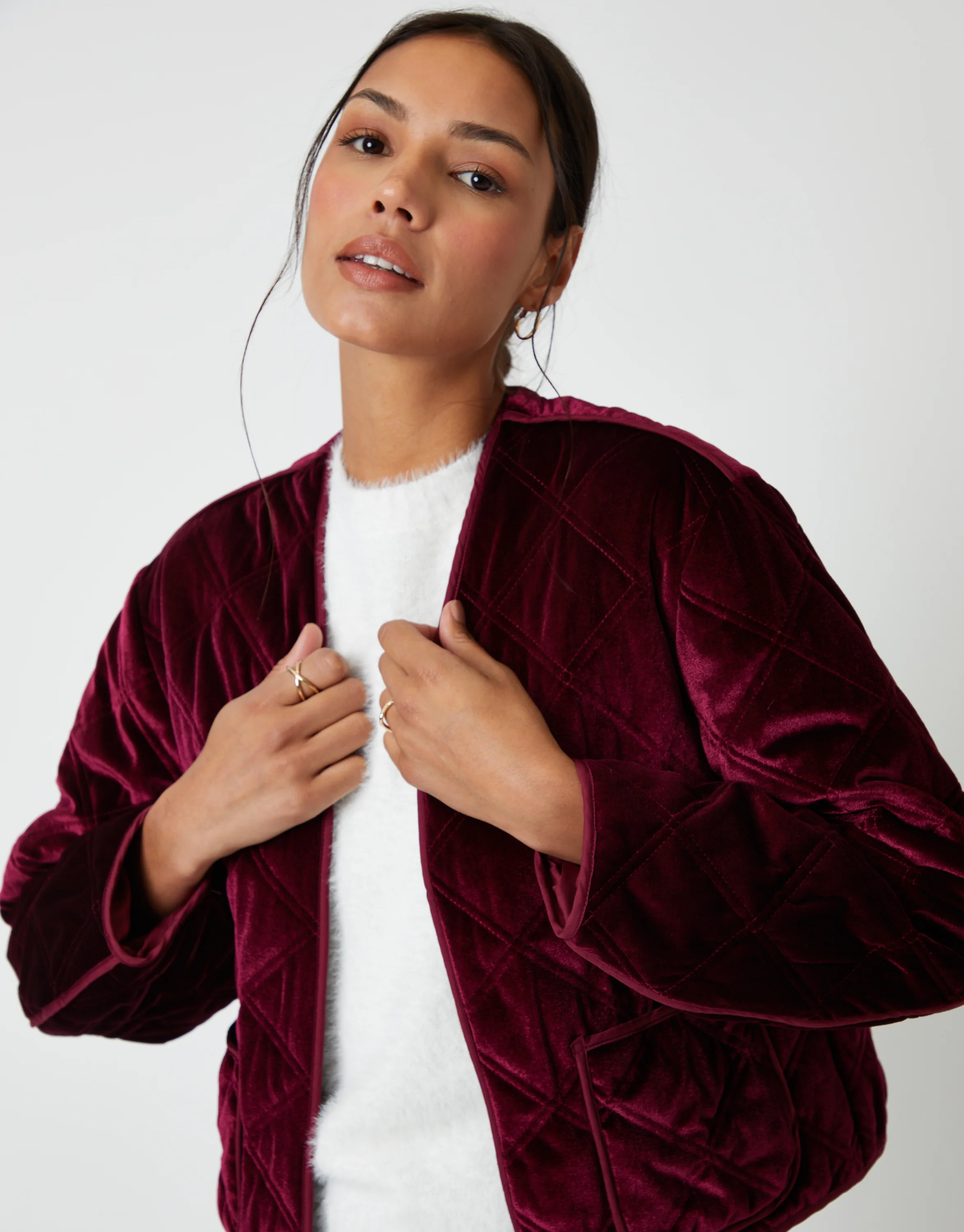 Diamond Quilted Velvet Jacket in Berry Red - Image 4