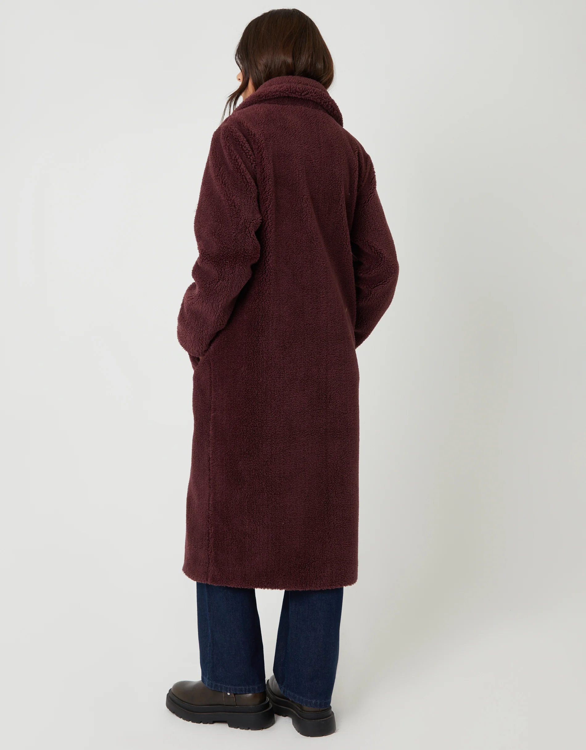 Longline Borg Teddy Coat in Berry Red - Image 2
