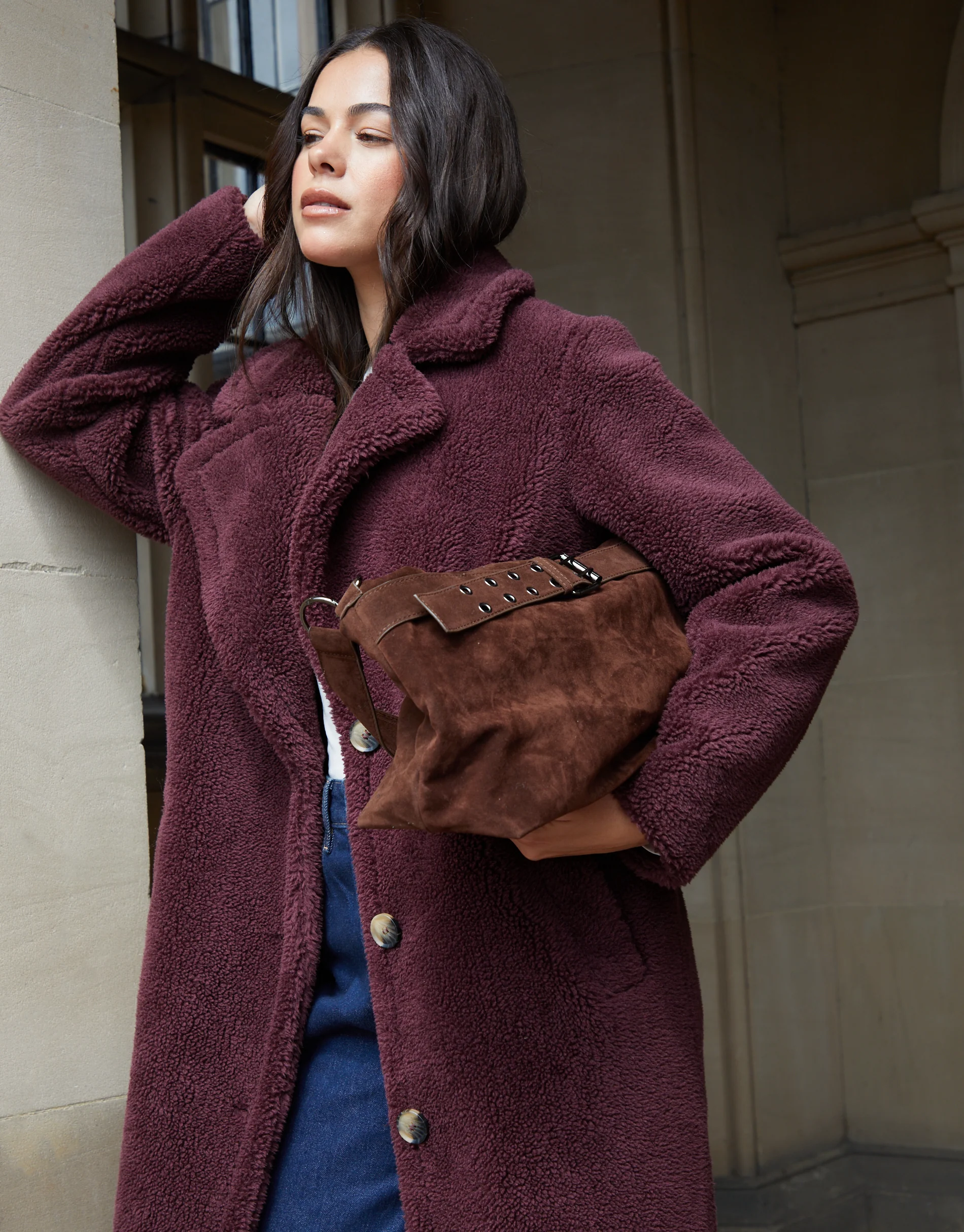 Longline Borg Teddy Coat in Berry Red - Image 5