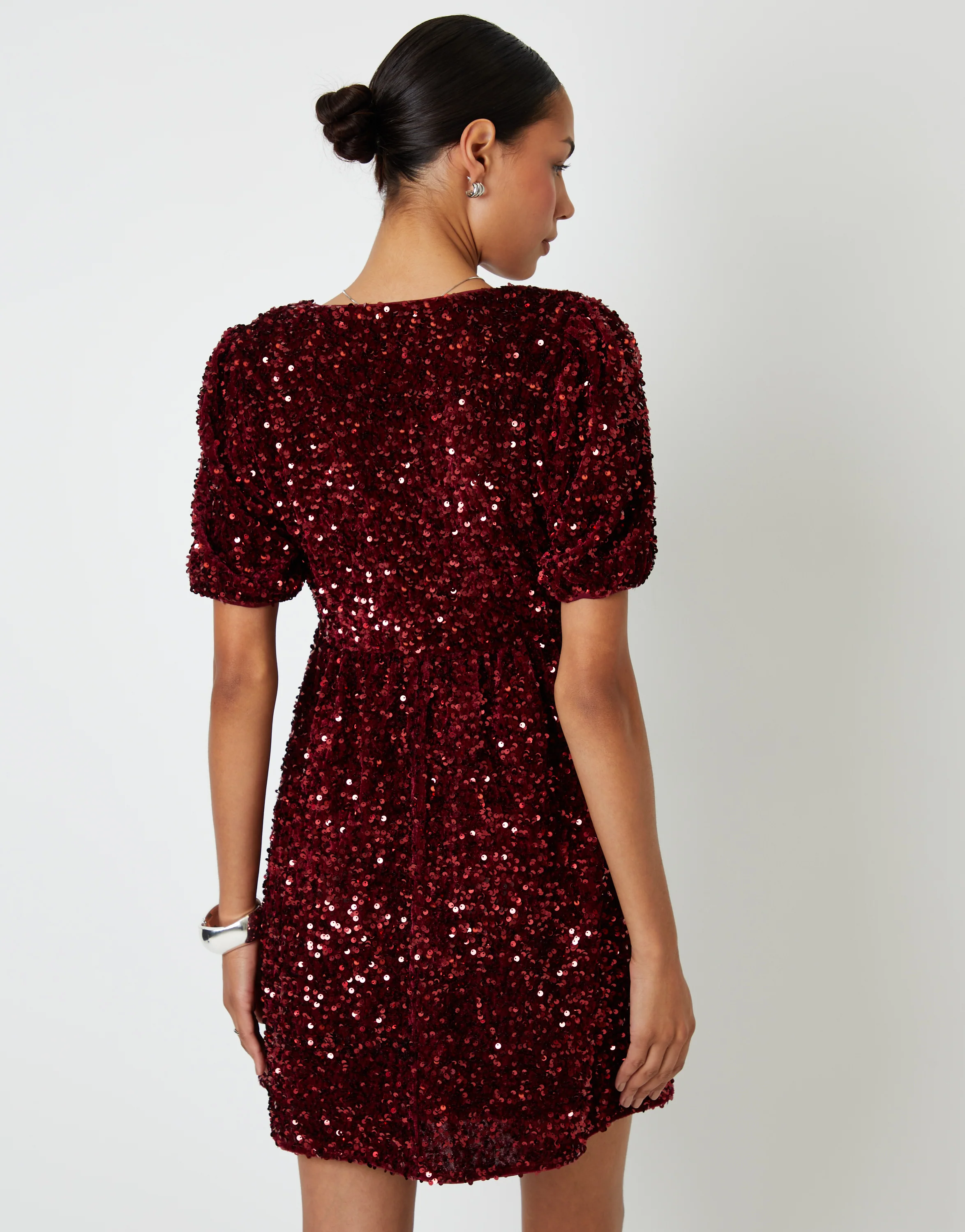 Sequin Velour Bow Detail Mini Dress in Berry Red - Image 3