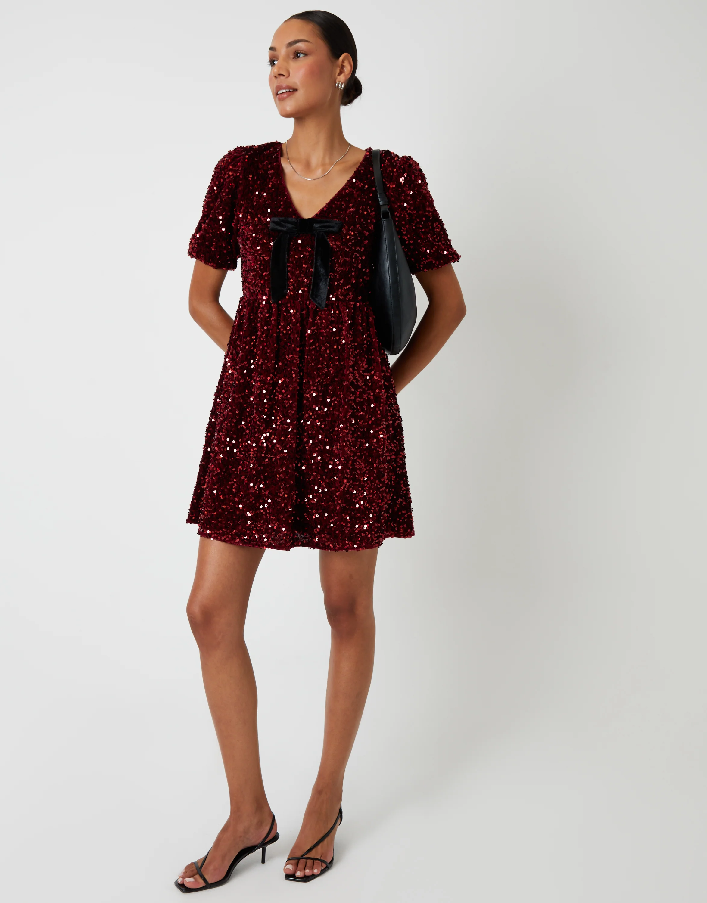 Sequin Velour Bow Detail Mini Dress in Berry Red - Image 4