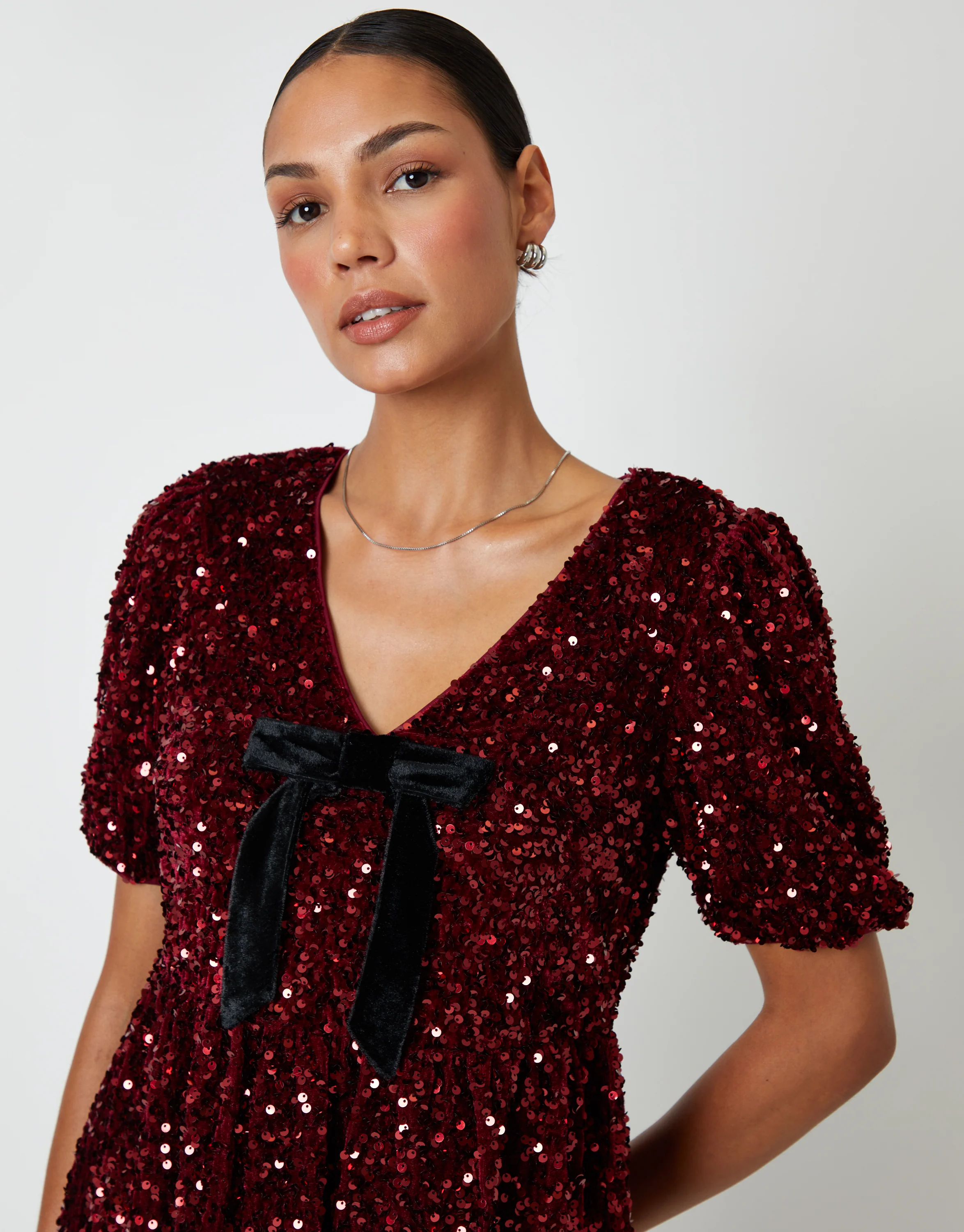 Sequin Velour Bow Detail Mini Dress in Berry Red - Image 5