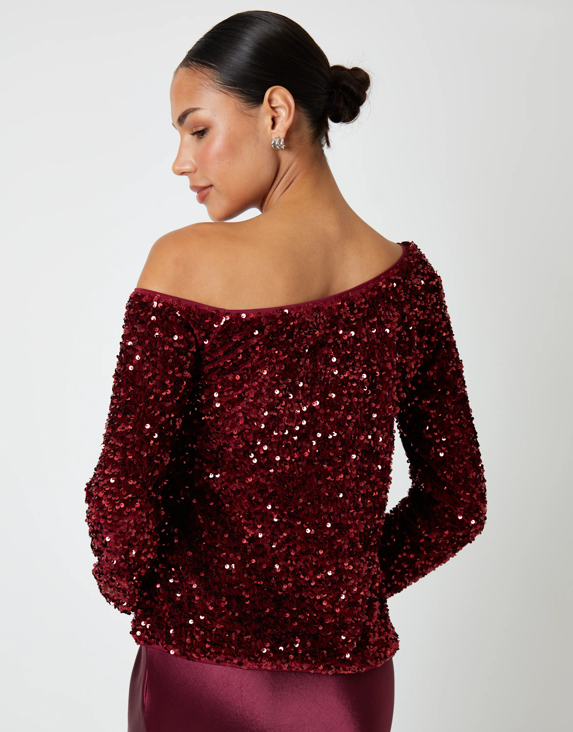 Sequin Velour Long Sleeve Slash Neck Top in Berry Red - Image 3