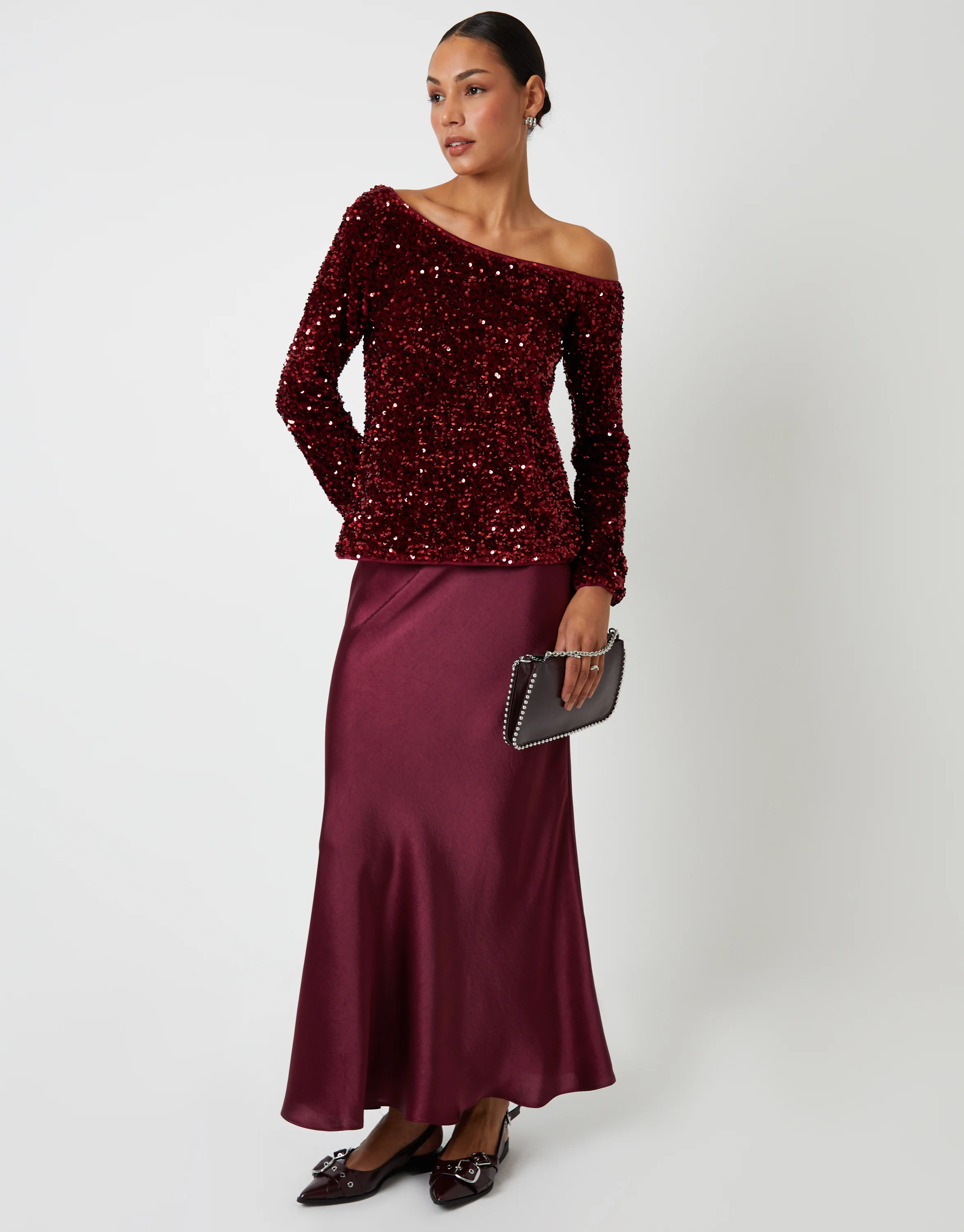 Sequin Velour Long Sleeve Slash Neck Top in Berry Red - Image 4