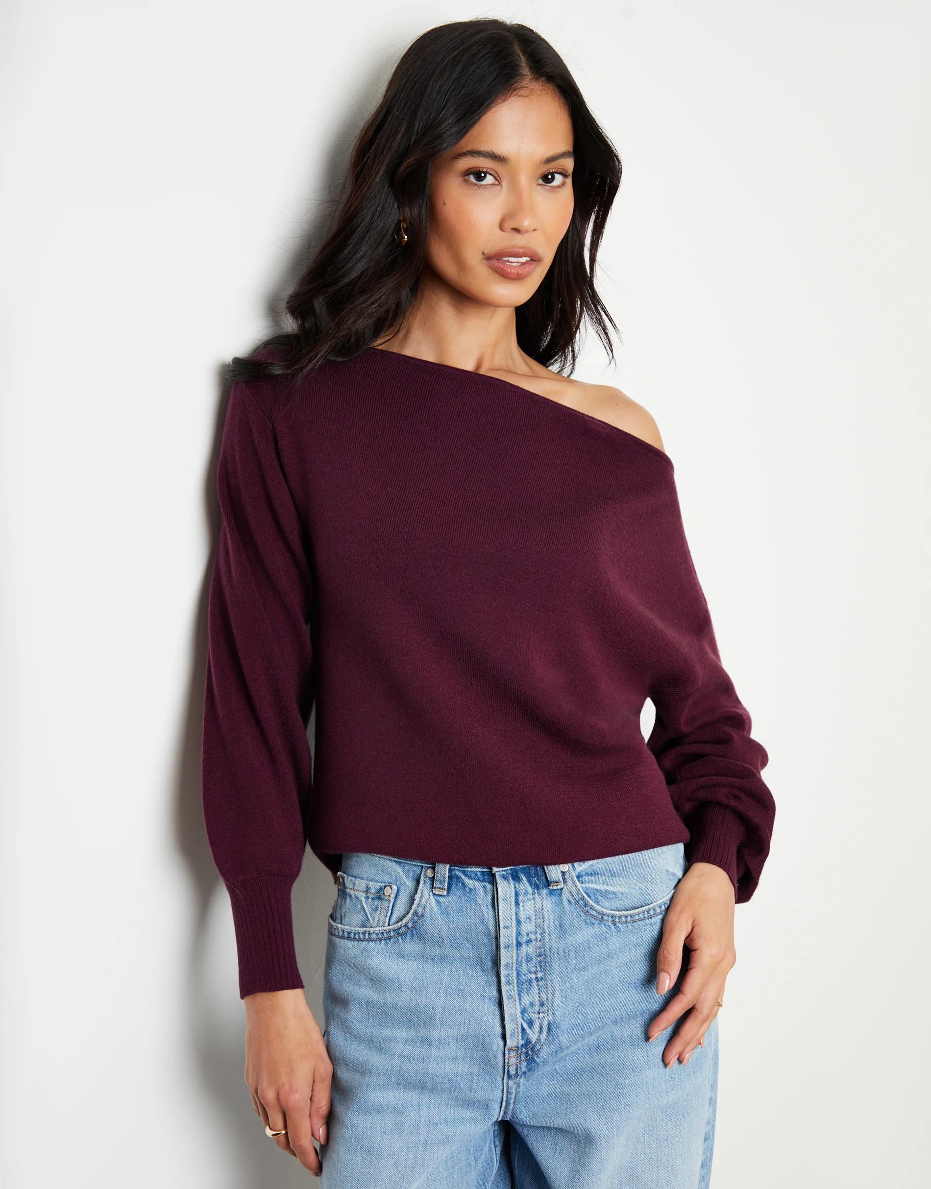 Soft Slash Neck Jumper in Burgundy - Image 3