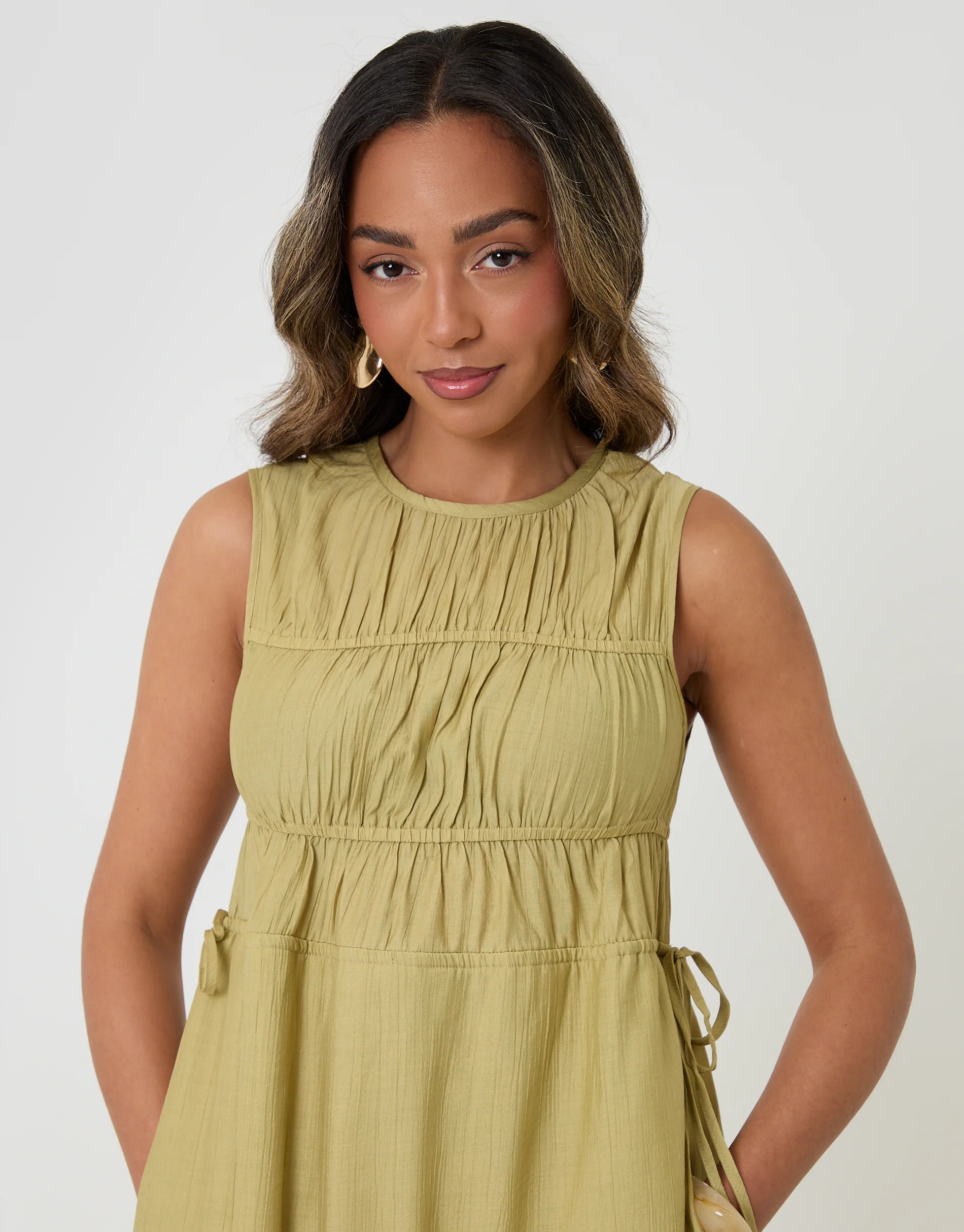 Ruched Drawstring Midi Dress in Chartreuse - Image 3