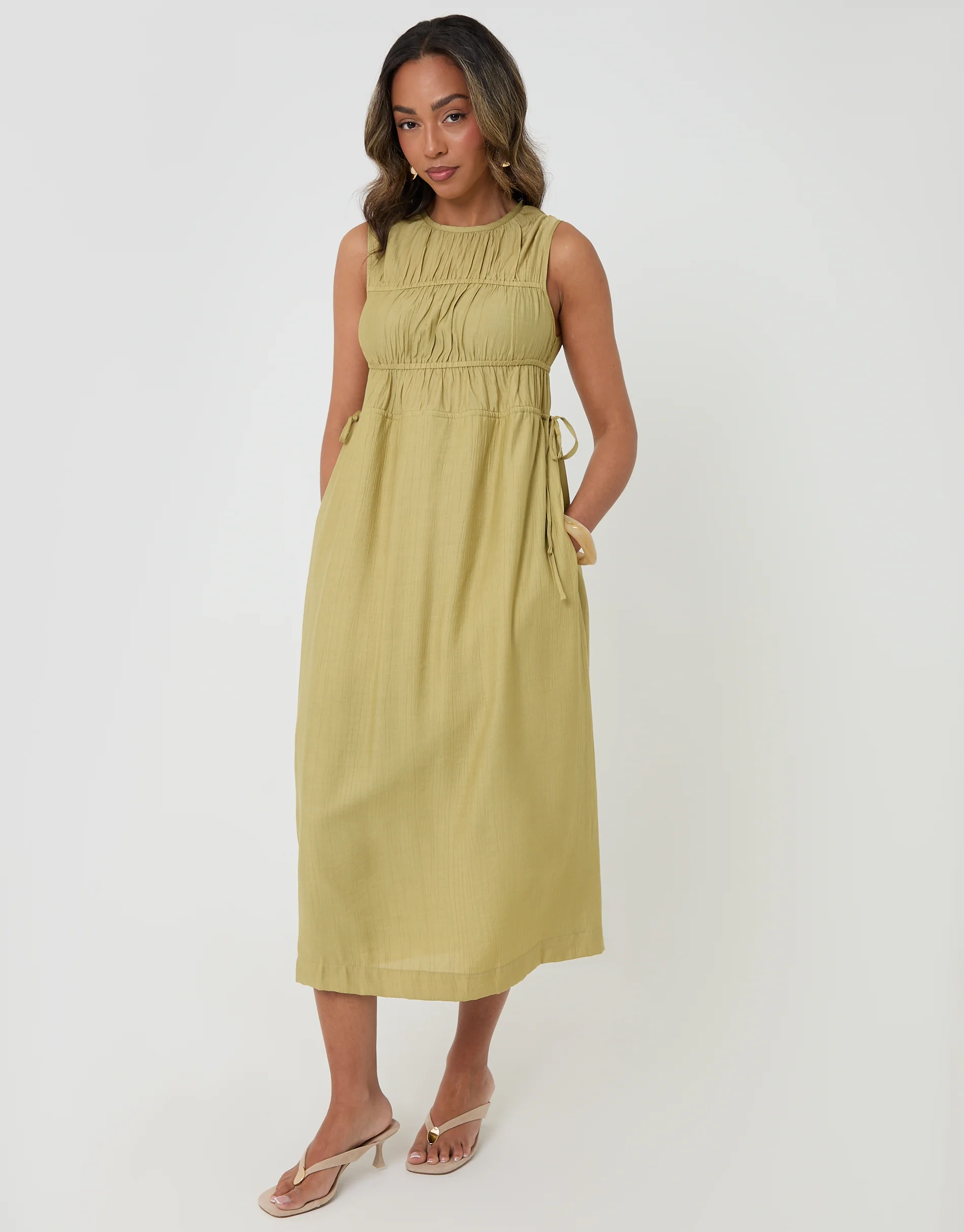 Ruched Drawstring Midi Dress in Chartreuse - Image 4
