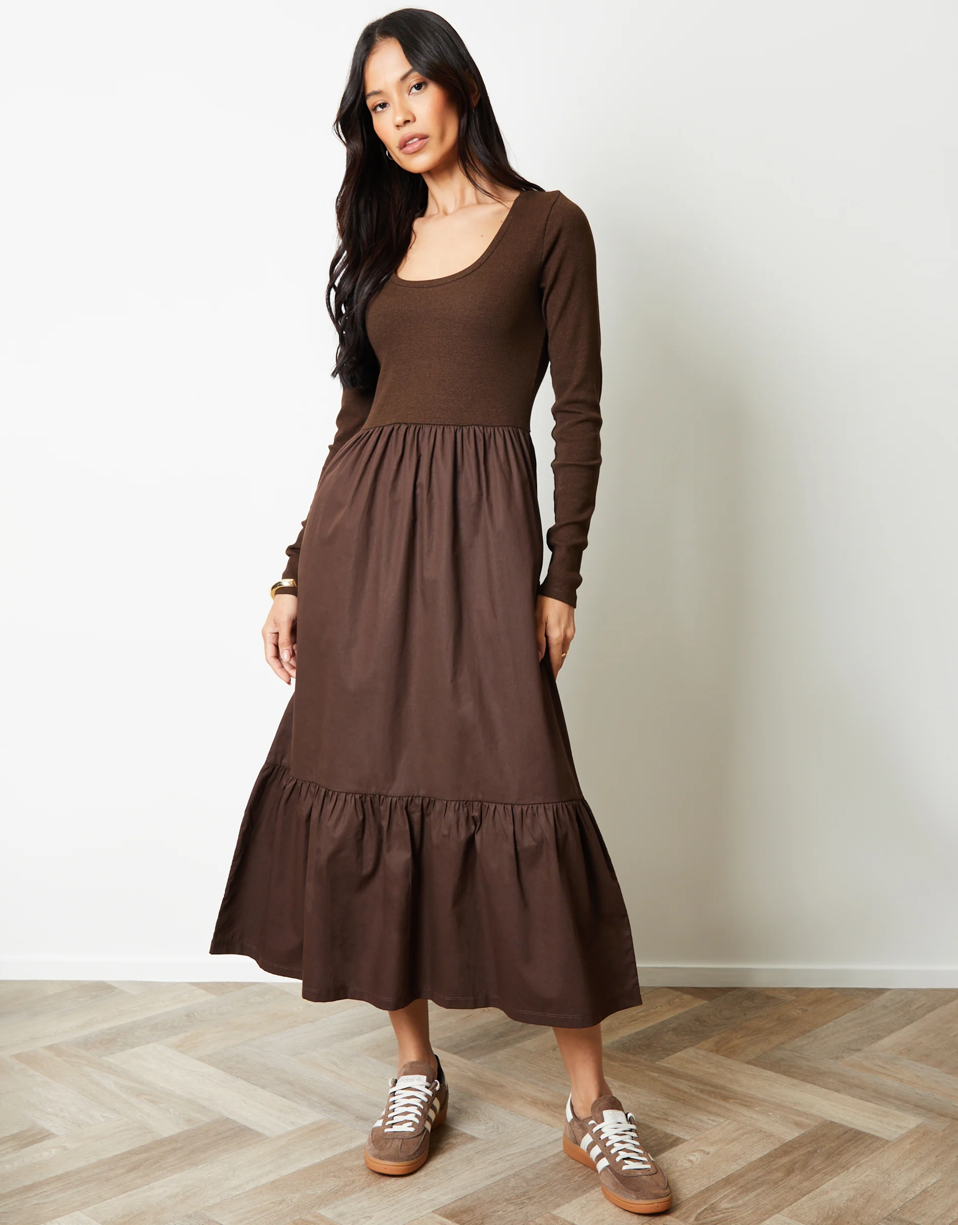 2-in-1 Jersey Poplin Mix Scoop Neck Long Sleeve Dress in Chocolate Brown - Image 3