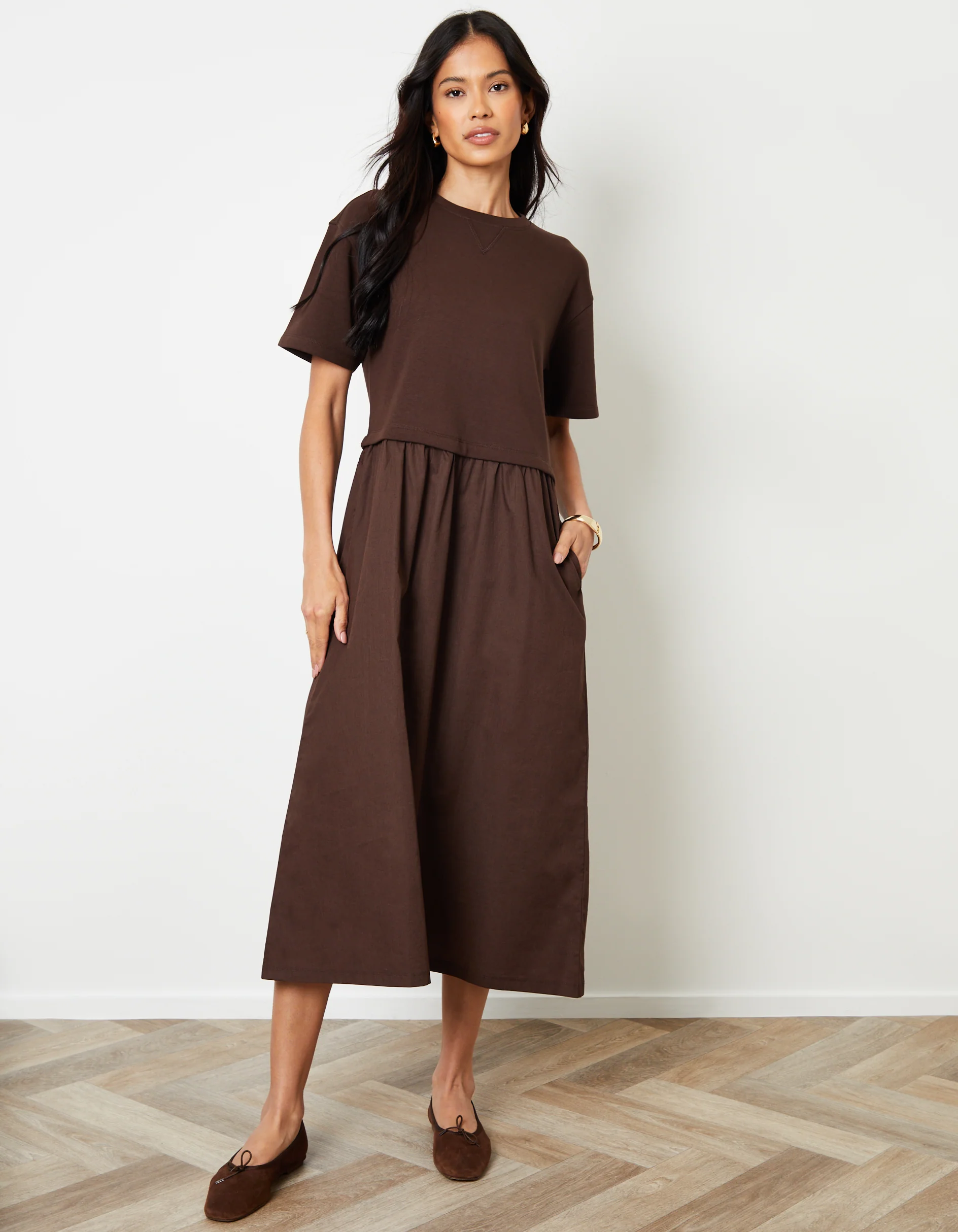 2-in-1 Sweat Dress with Poplin Skirt in Chocolate Brown