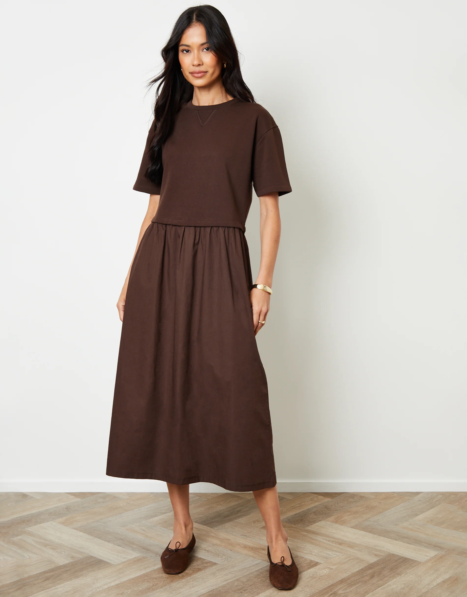 2-in-1 Sweat Dress with Poplin Skirt in Chocolate Brown - Image 3