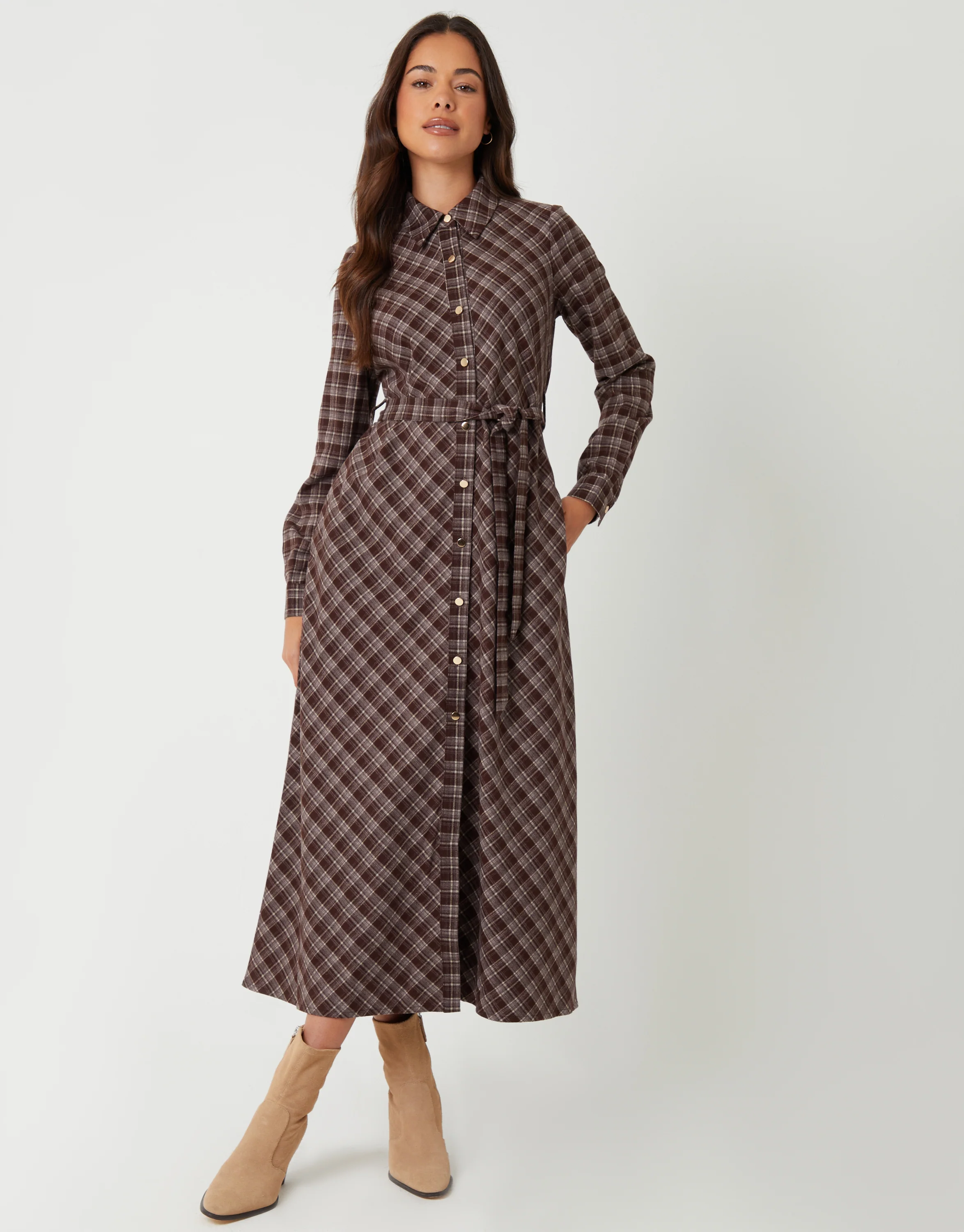 Belted Midi Shirt Dress in Chocolate Brown Check - Image 2