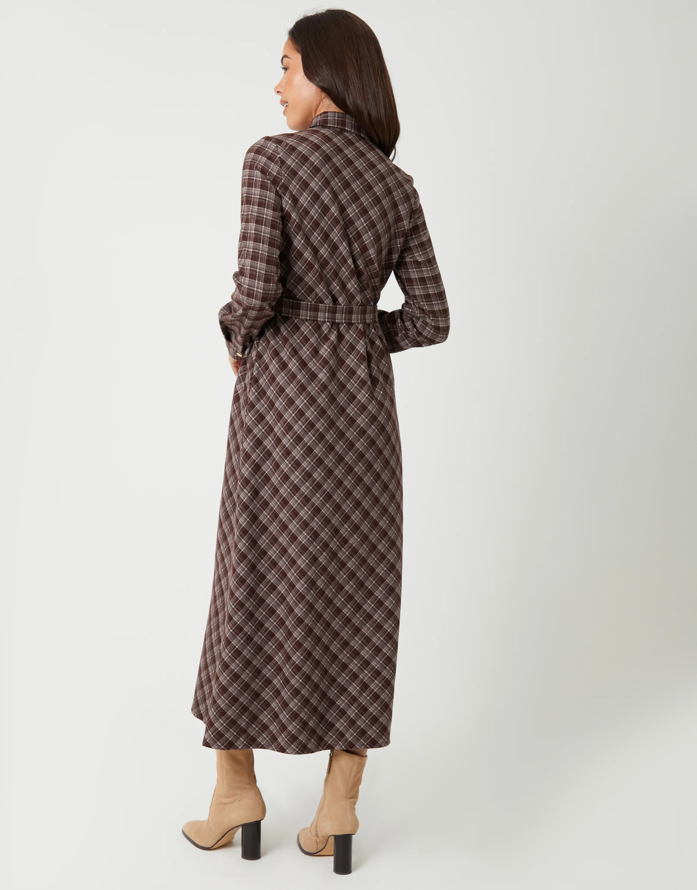 Belted Midi Shirt Dress in Chocolate Brown Check - Image 3