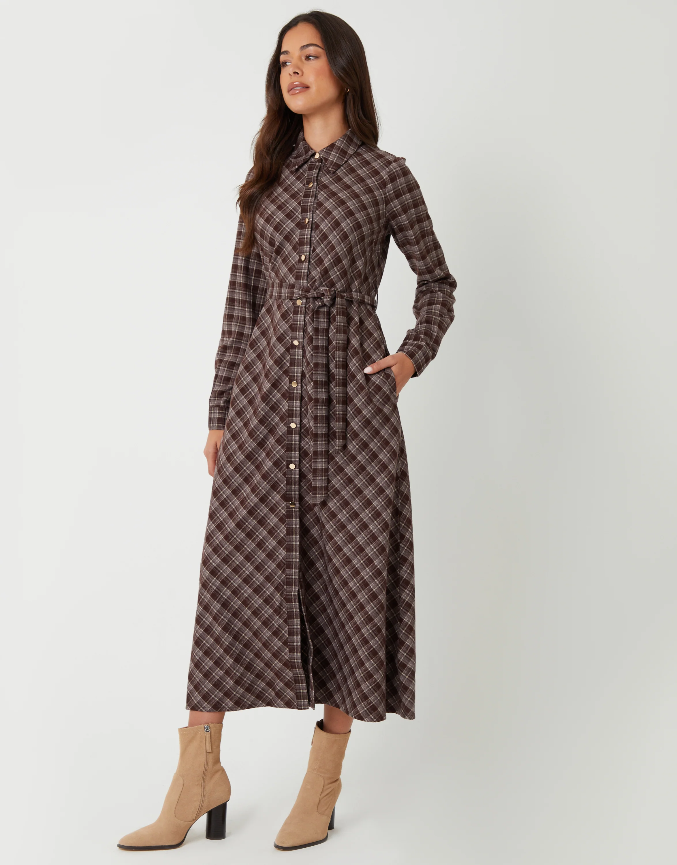 Belted Midi Shirt Dress in Chocolate Brown Check - Image 4