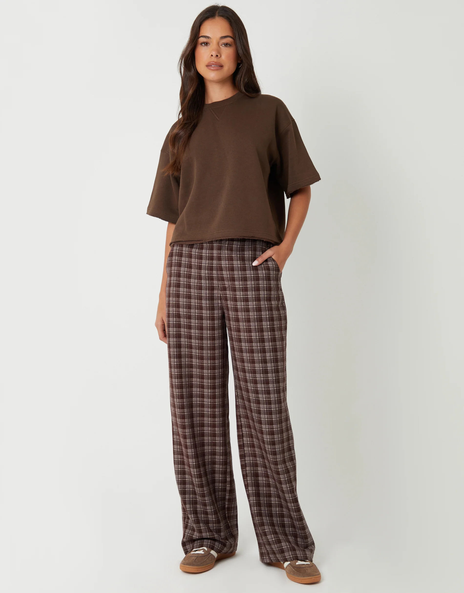 Straight Leg Trousers in Chocolate Brown Check - Image 2