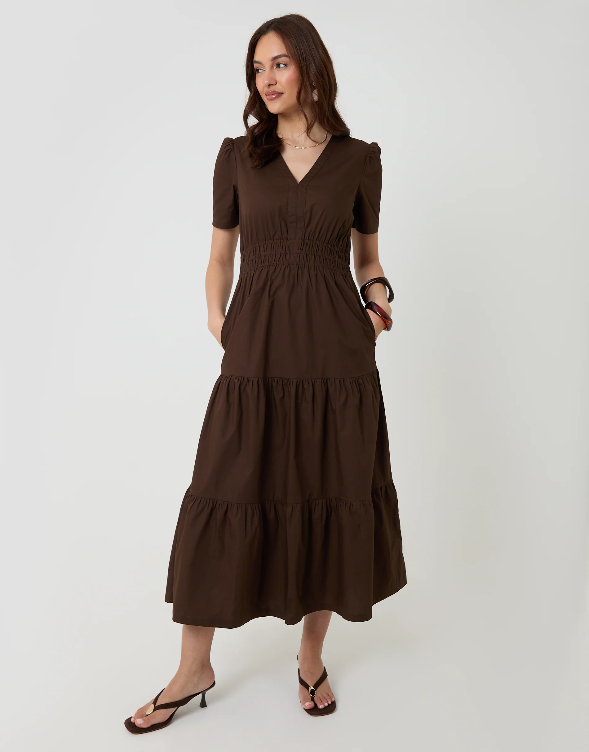 Cotton Poplin Tiered Midaxi Dress in Chocolate Brown