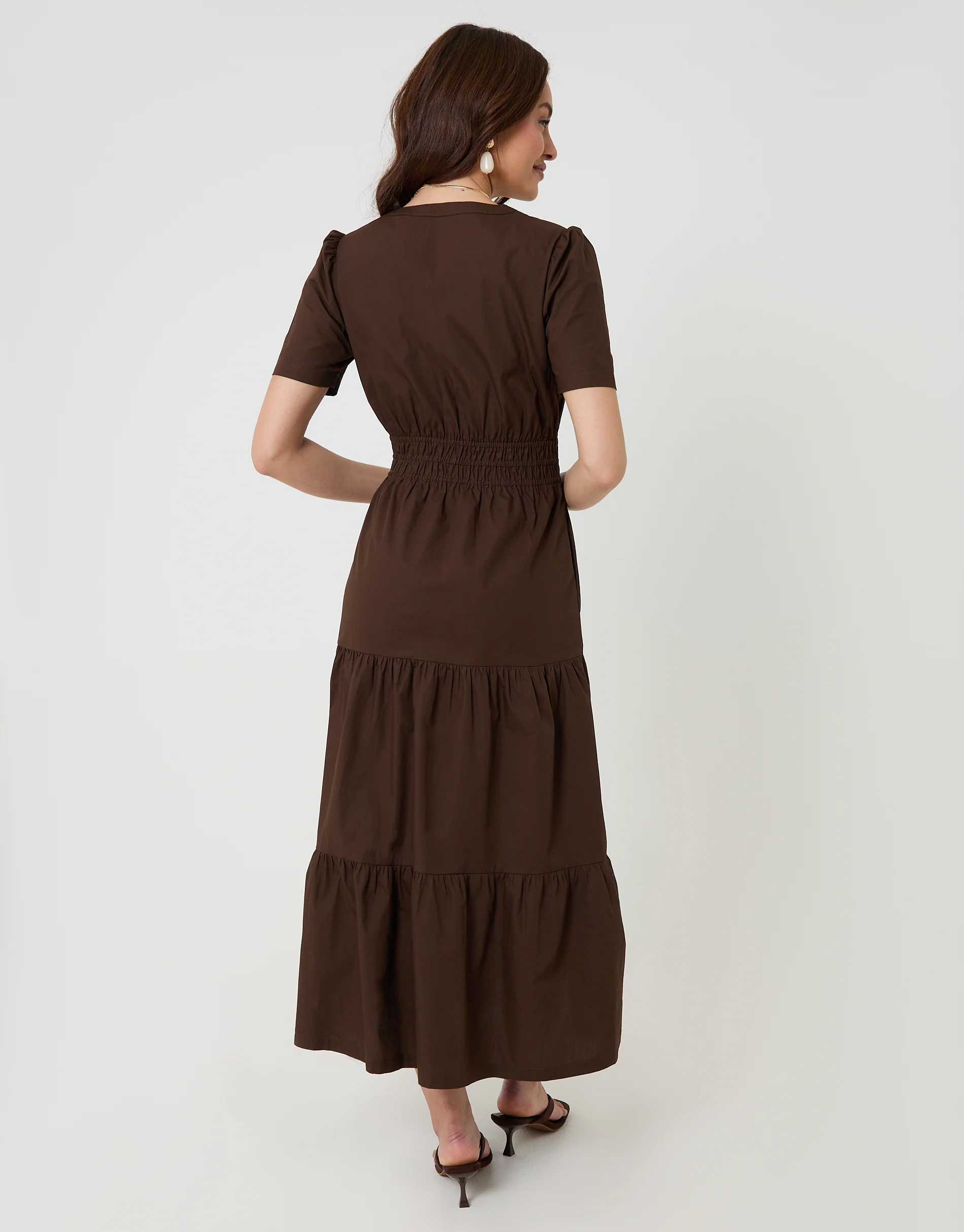 Cotton Poplin Tiered Midaxi Dress in Chocolate Brown - Image 2