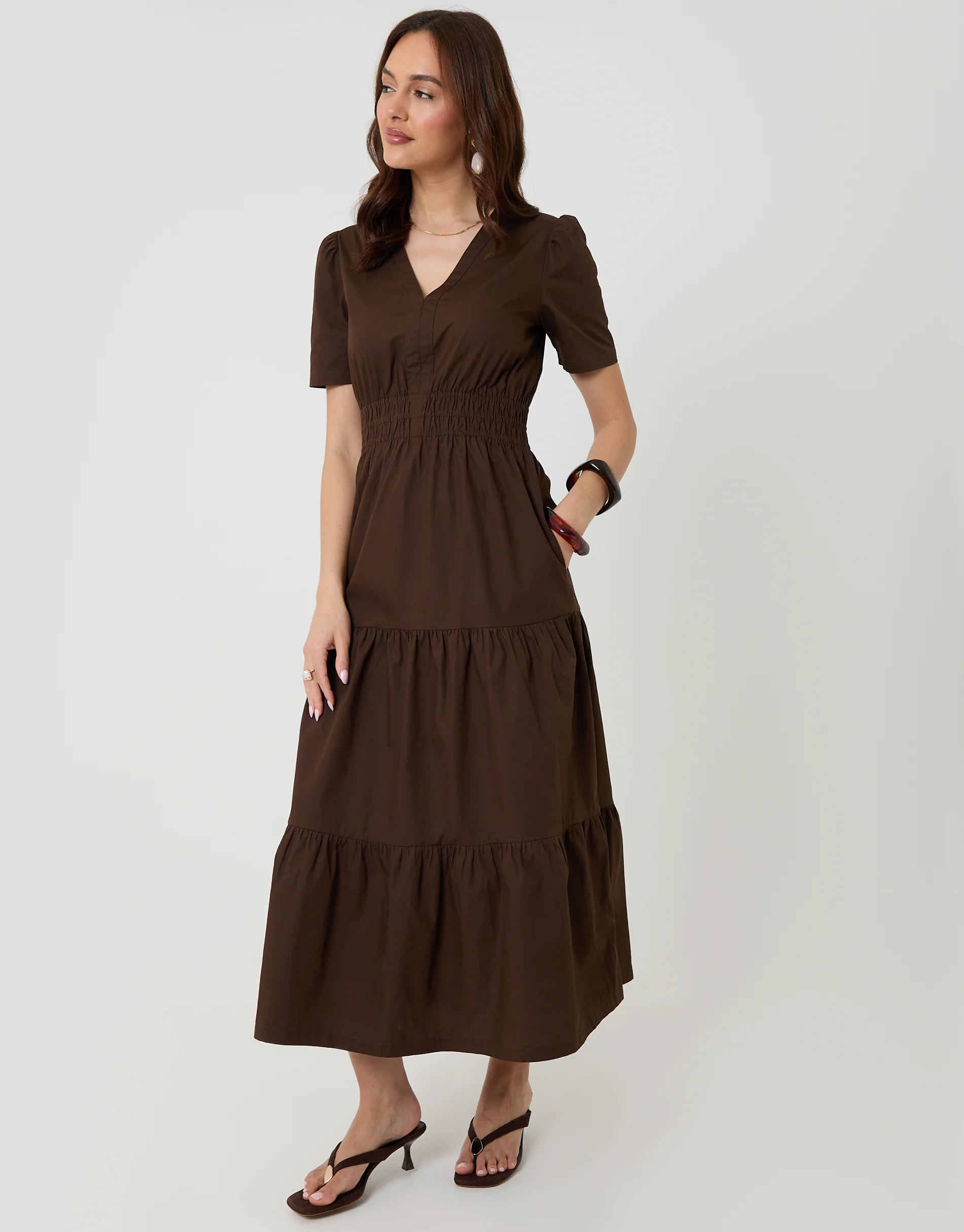 Cotton Poplin Tiered Midaxi Dress in Chocolate Brown - Image 3