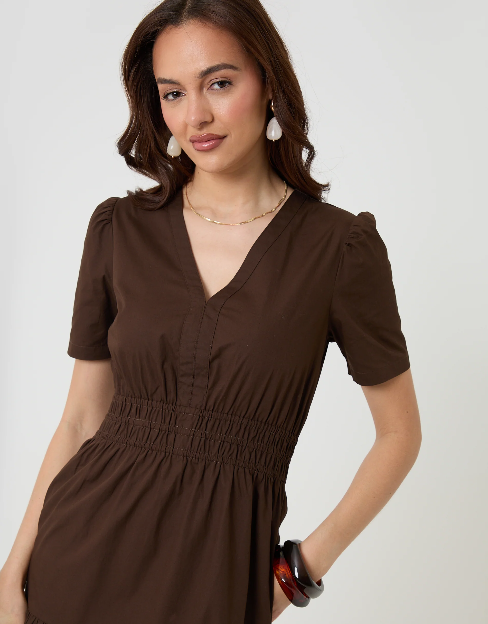 Cotton Poplin Tiered Midaxi Dress in Chocolate Brown - Image 4