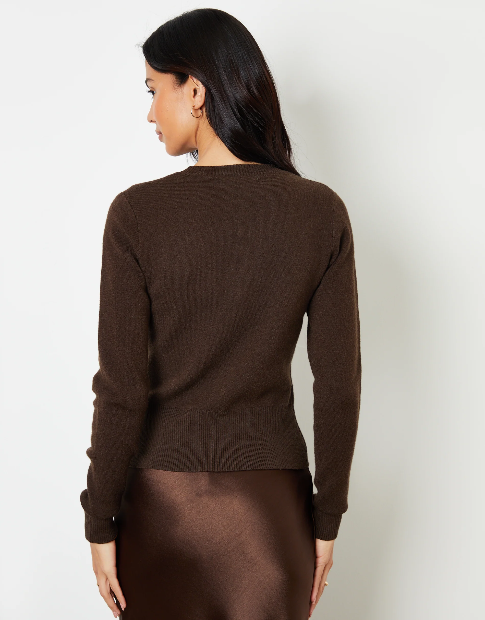 Crew Neck Compact Knitted Cardigan in Chocolate Brown - Image 3