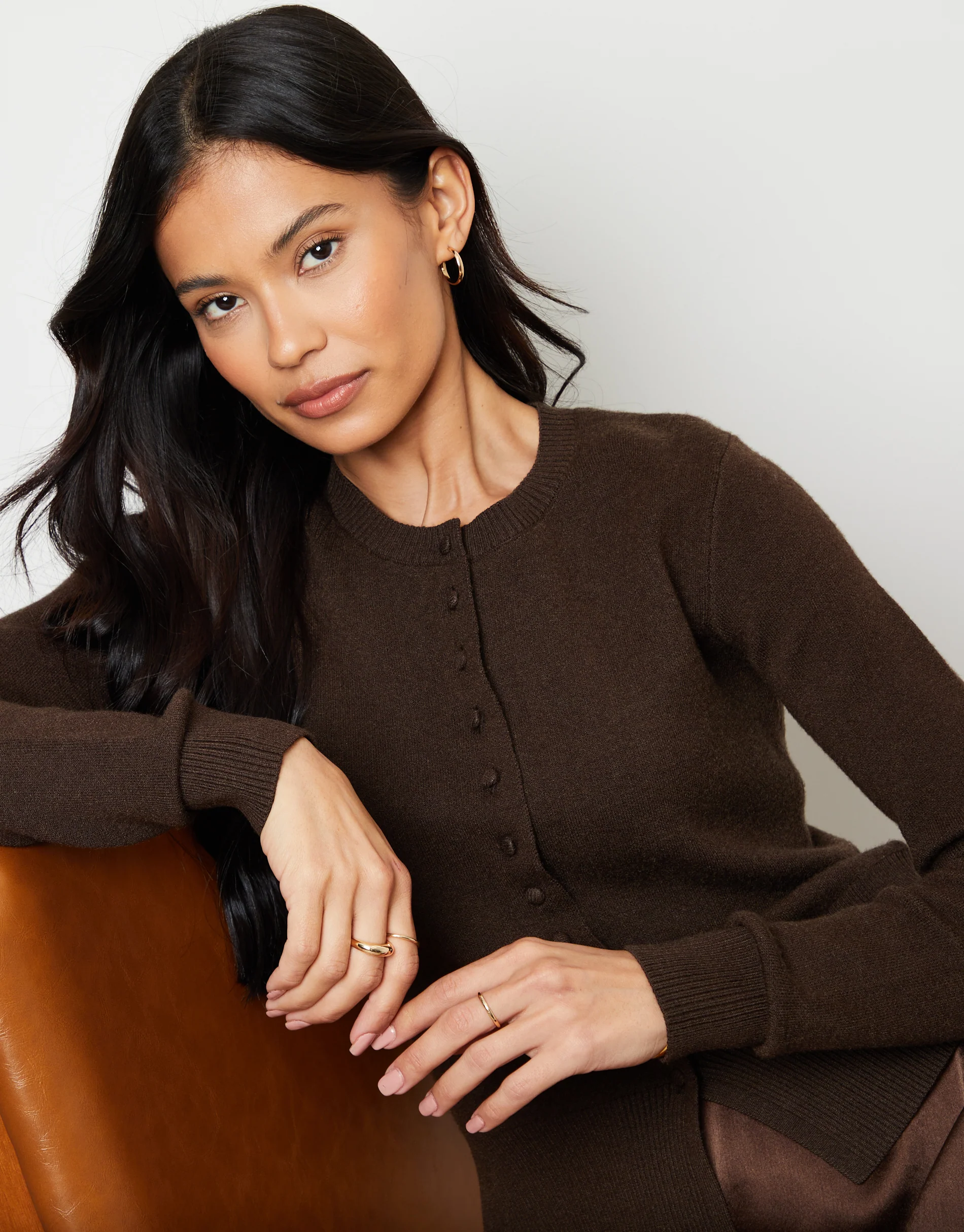 Crew Neck Compact Knitted Cardigan in Chocolate Brown - Image 5