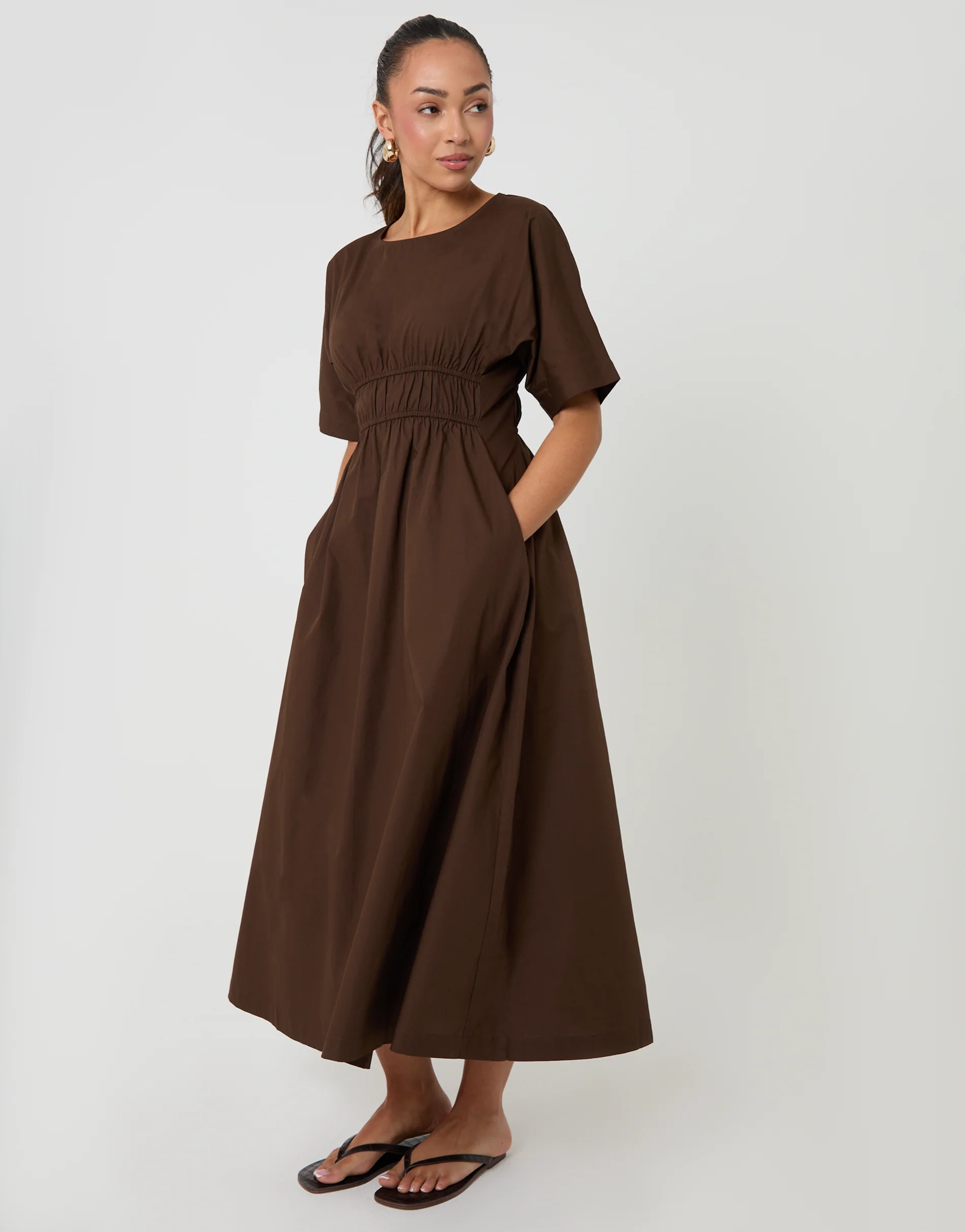 Elasticated Waist Cotton Poplin Midi Dress in Chocolate Brown - Image 3