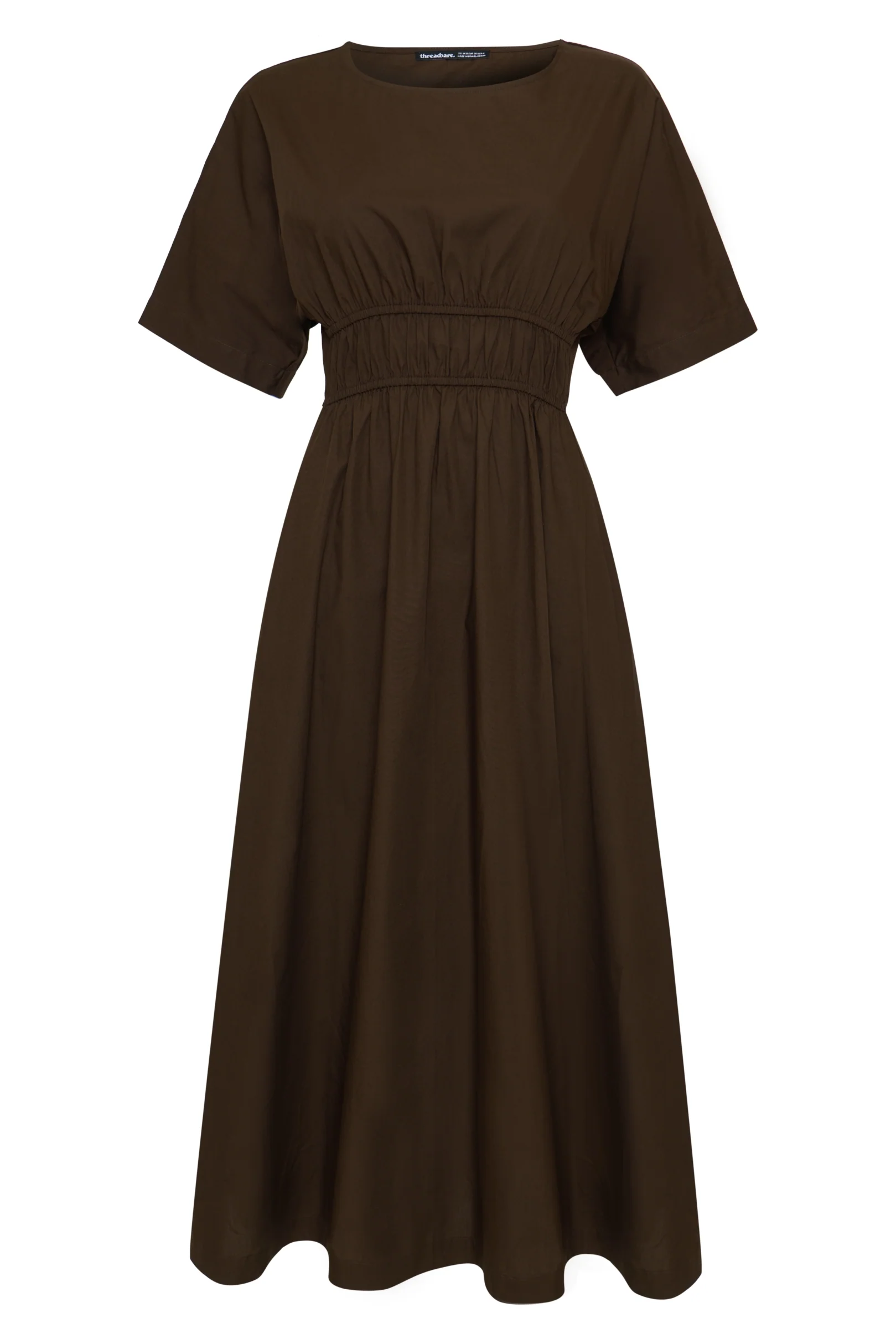 Elasticated Waist Cotton Poplin Midi Dress in Chocolate Brown - Image 5