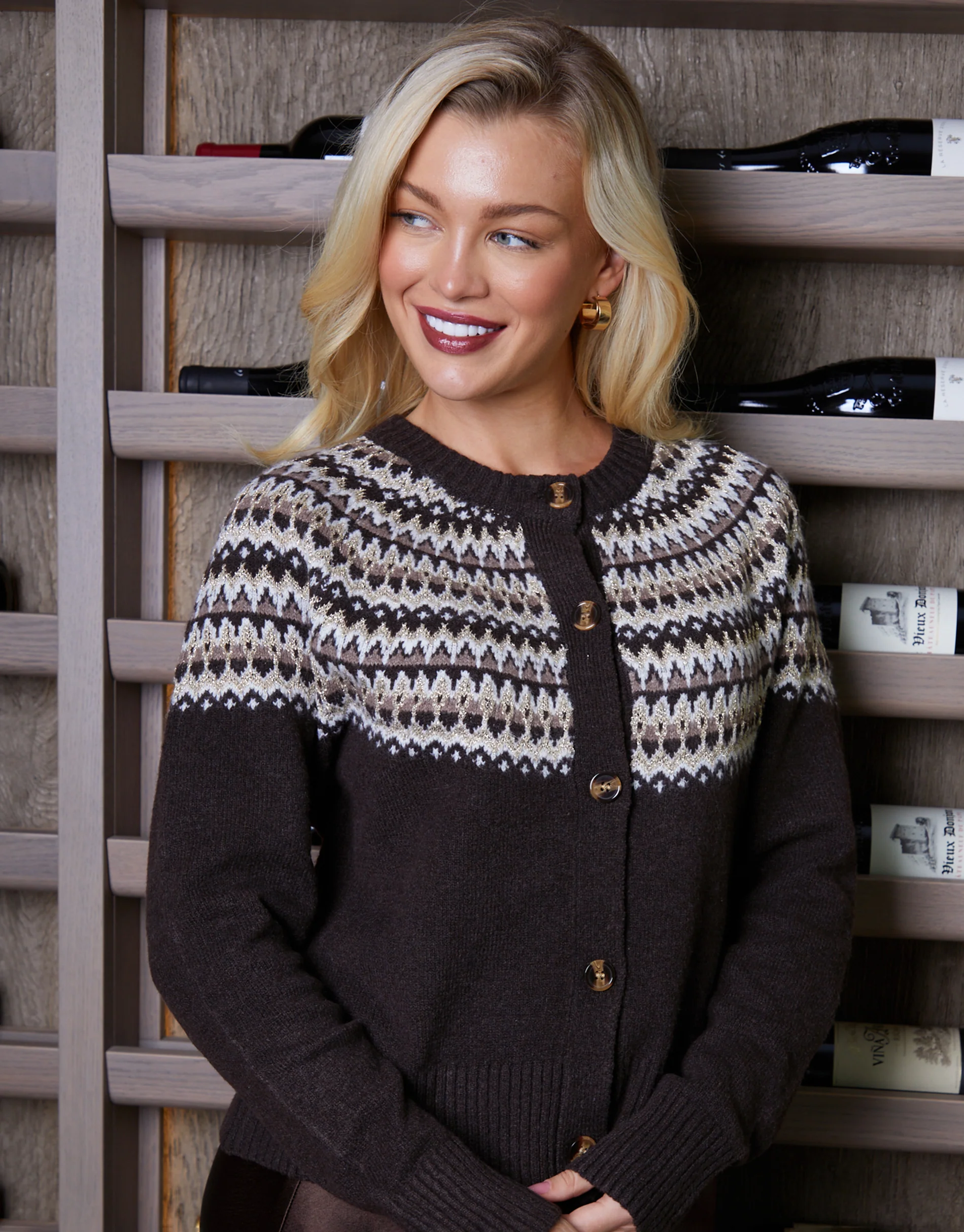 Fairisle Knitted Crew Neck Cardigan in Chocolate Brown