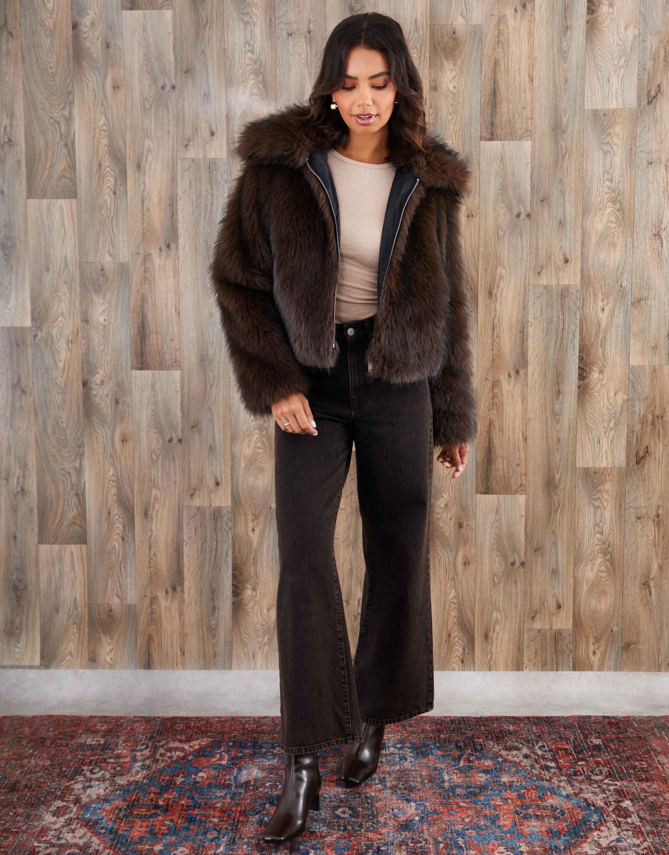 Faux Fur Zip Through Coat in Chocolate Brown - Image 3