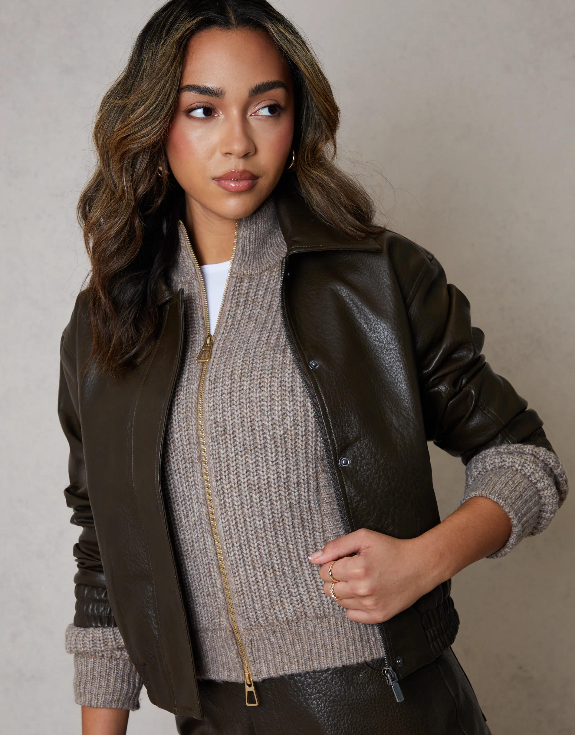 Faux Leather Bomber Jacket with Collar in Chocolate Brown - Image 5