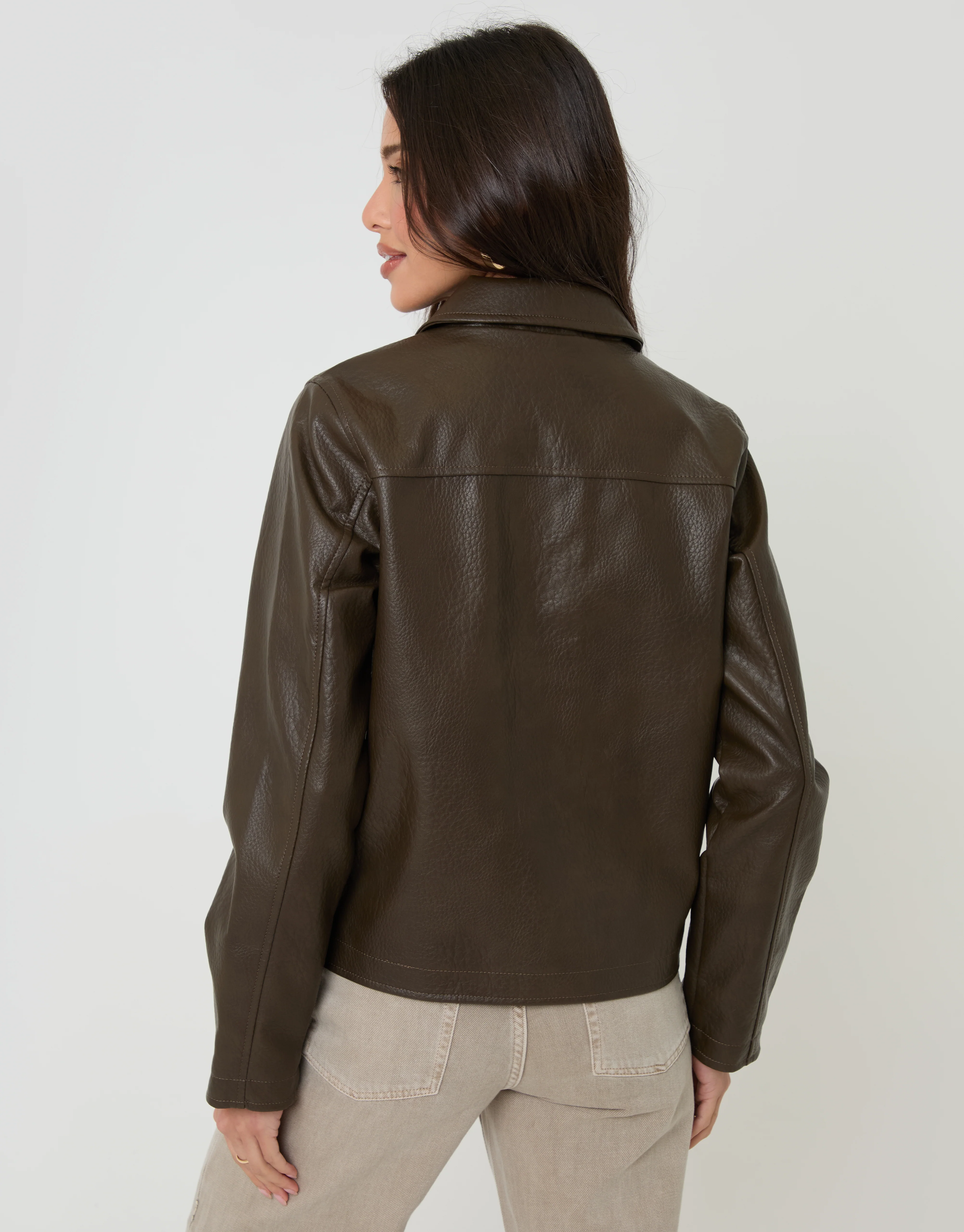 Faux Leather Cropped Button Up Jacket in Chocolate Brown - Image 2