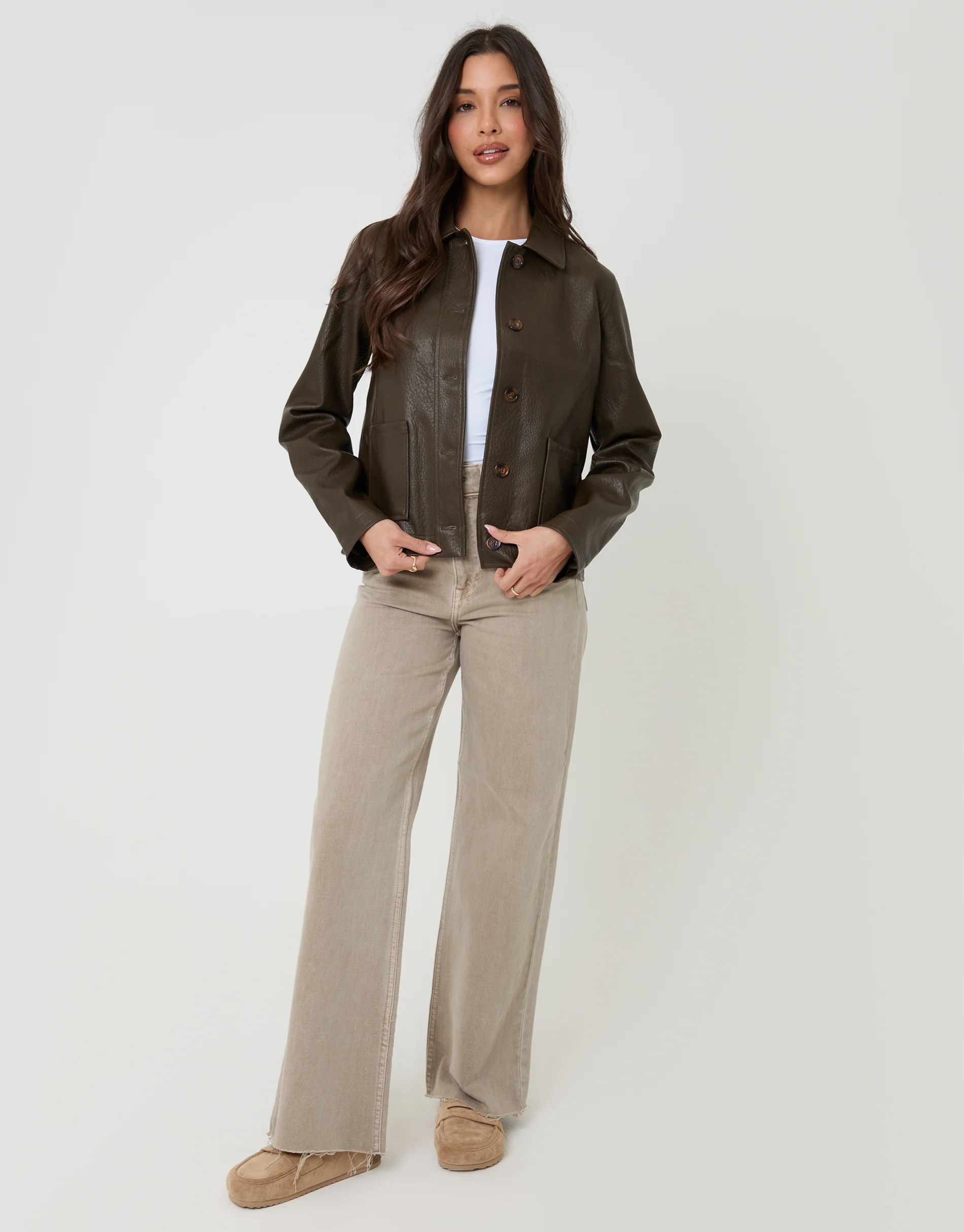 Faux Leather Cropped Button Up Jacket in Chocolate Brown - Image 3