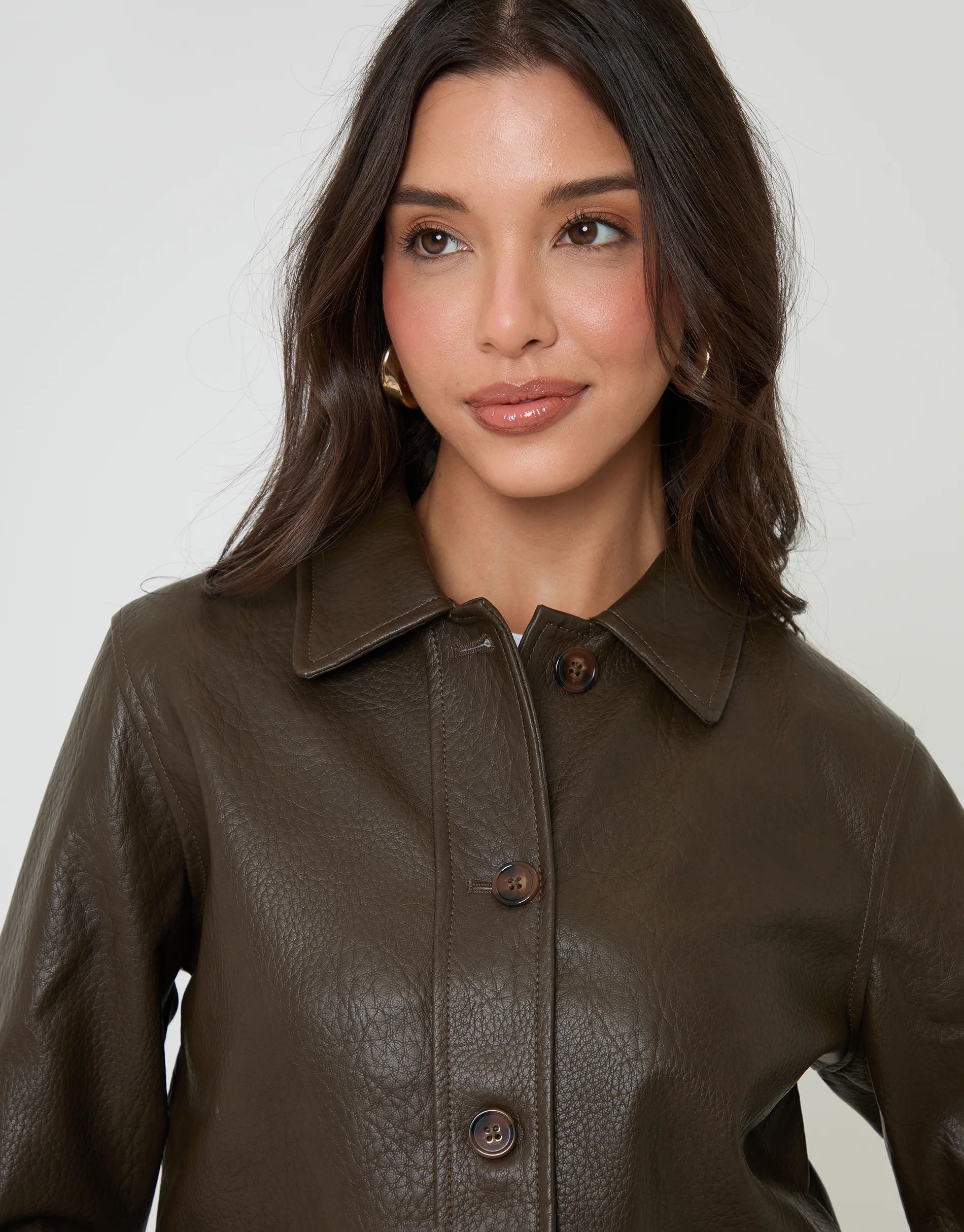 Faux Leather Cropped Button Up Jacket in Chocolate Brown - Image 4