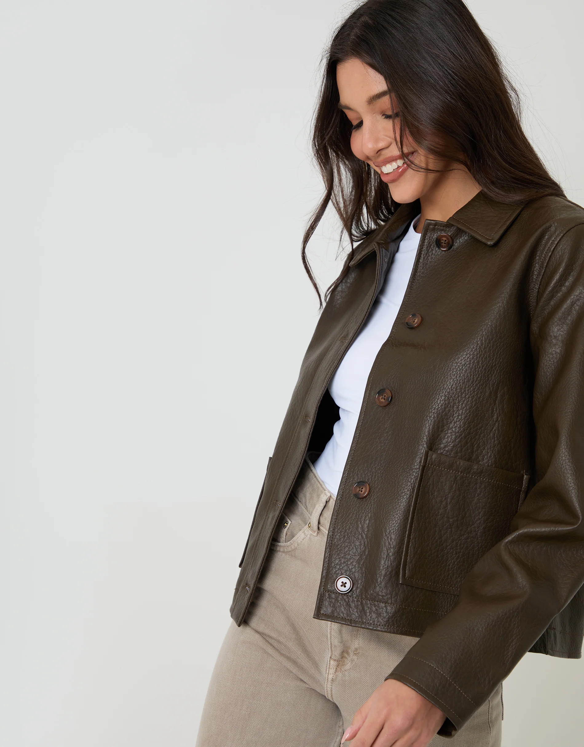 Faux Leather Cropped Button Up Jacket in Chocolate Brown - Image 5