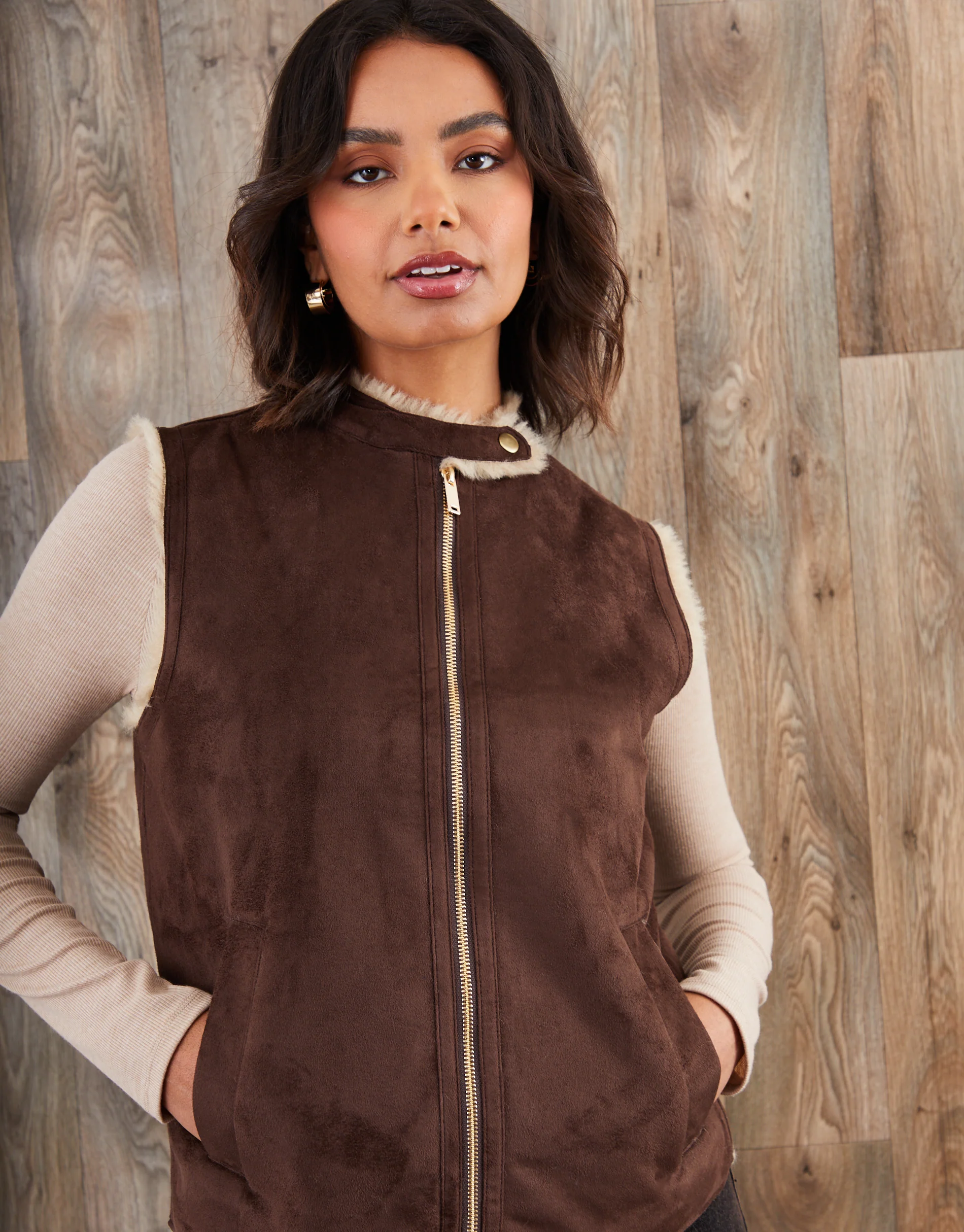 Faux Suede Borg Lined Gilet in Chocolate Brown - Image 4