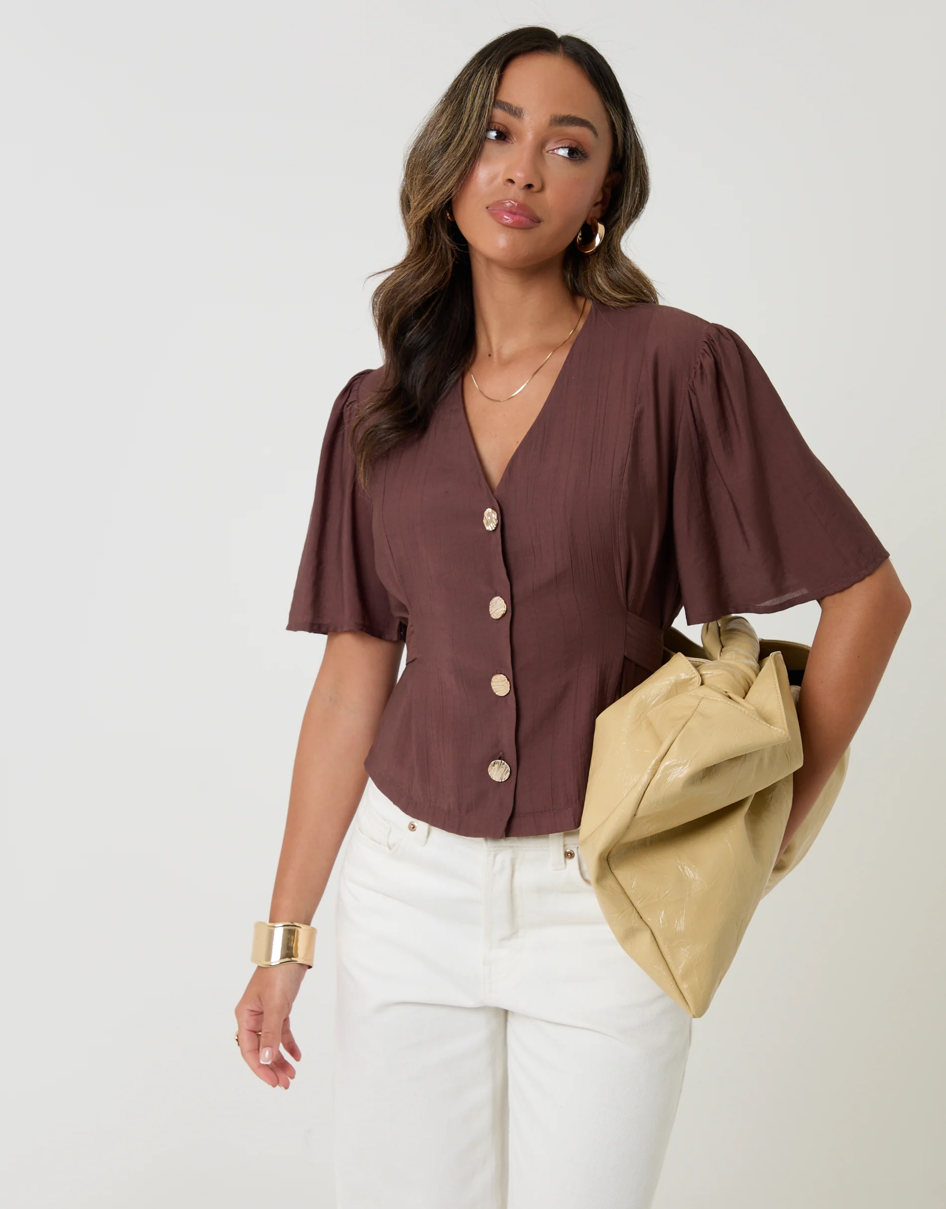 Flutter Sleeve Tie-Back Top in Chocolate Brown