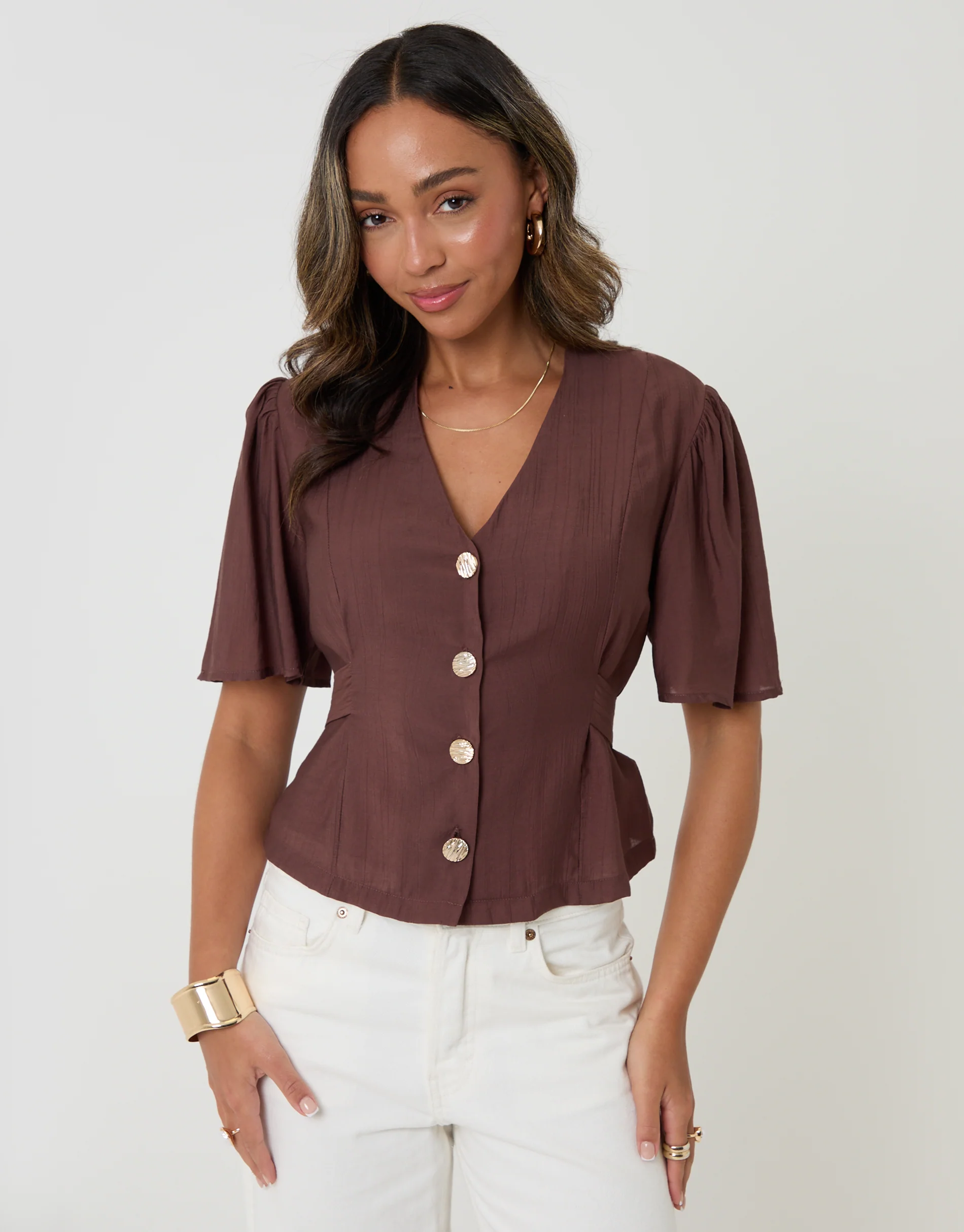 Flutter Sleeve Tie-Back Top in Chocolate Brown - Image 3