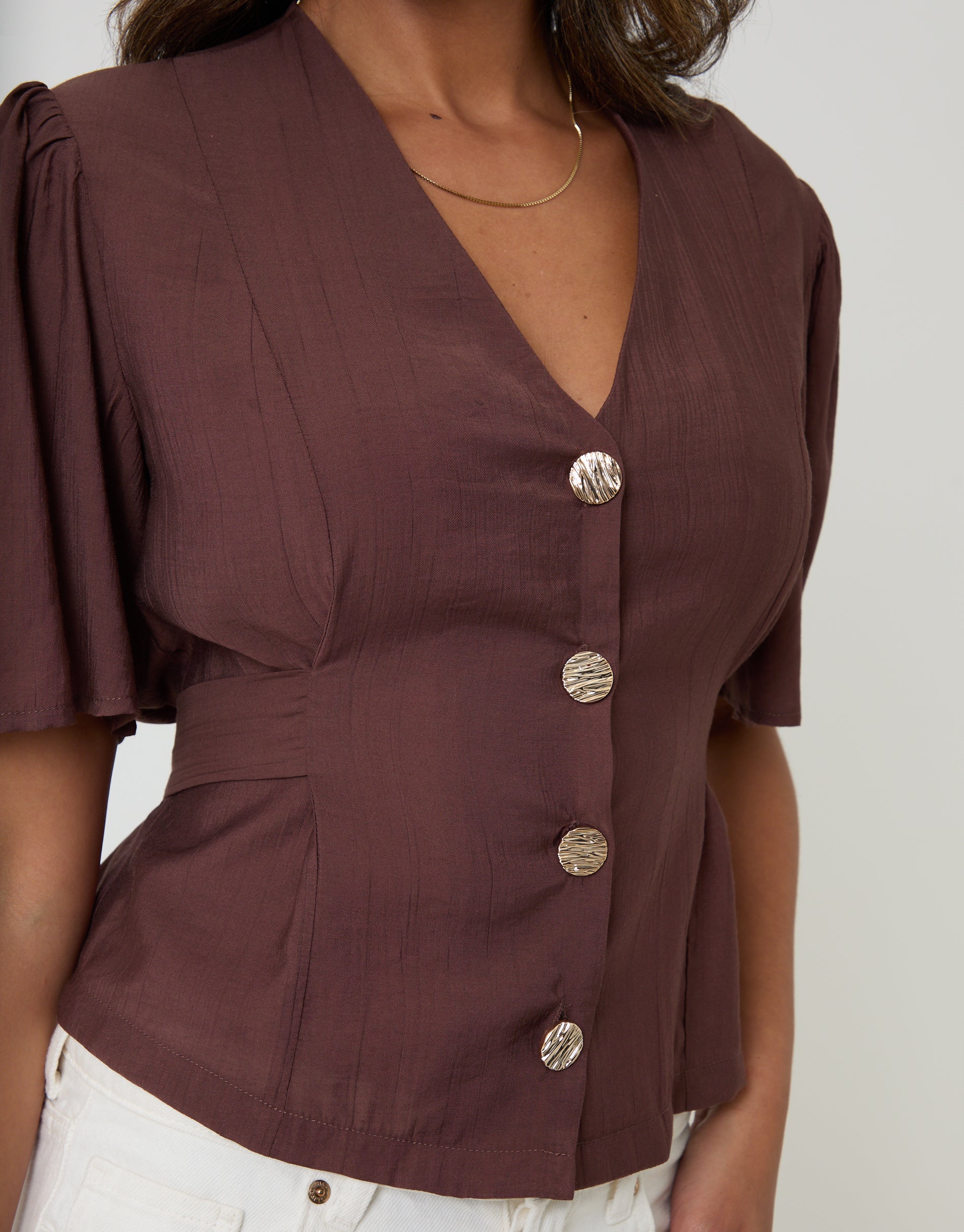 Flutter Sleeve Tie-Back Top in Chocolate Brown - Image 4