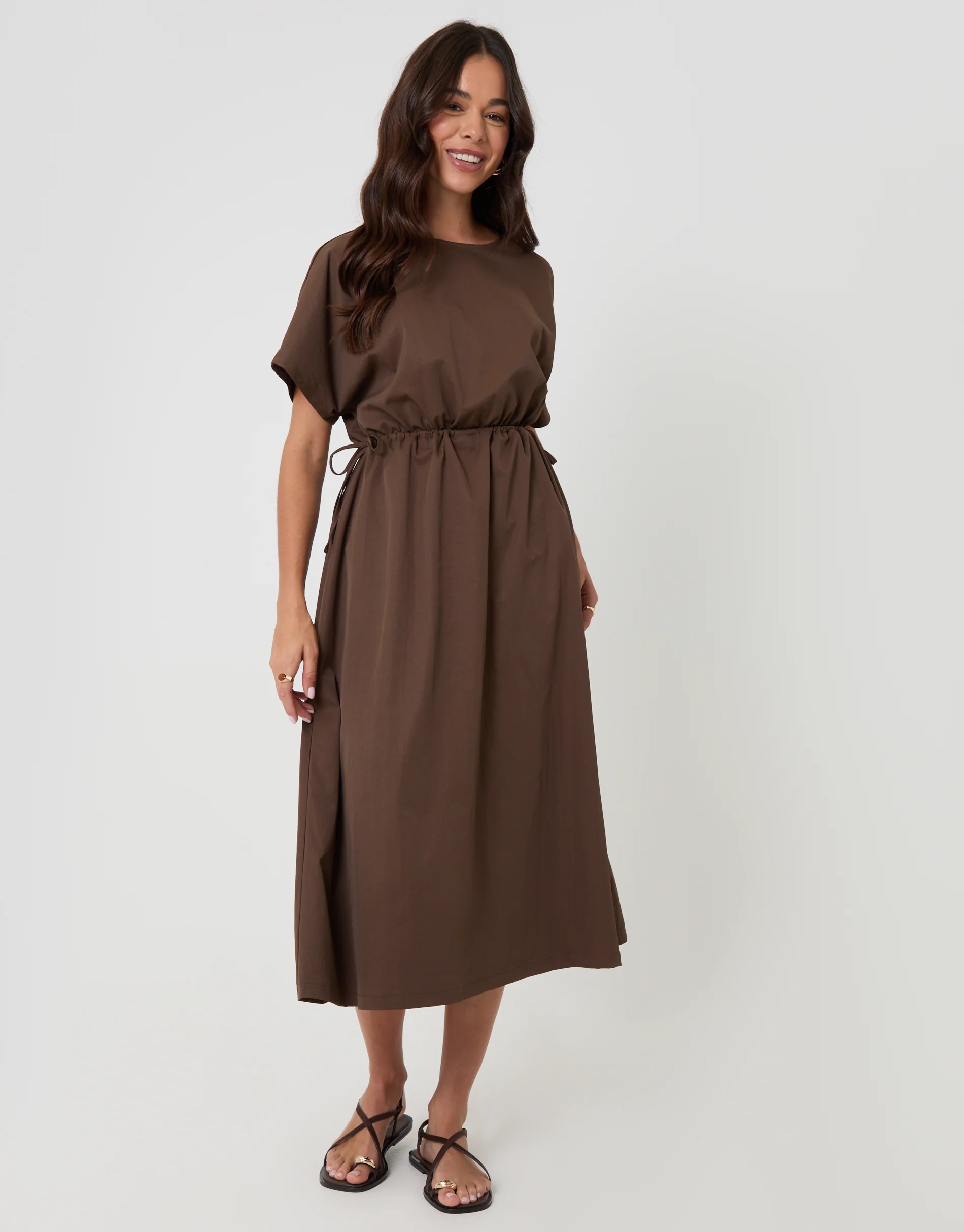 Kimono Sleeve Drawstring Waist Midi Dress in Chocolate Brown - Image 3