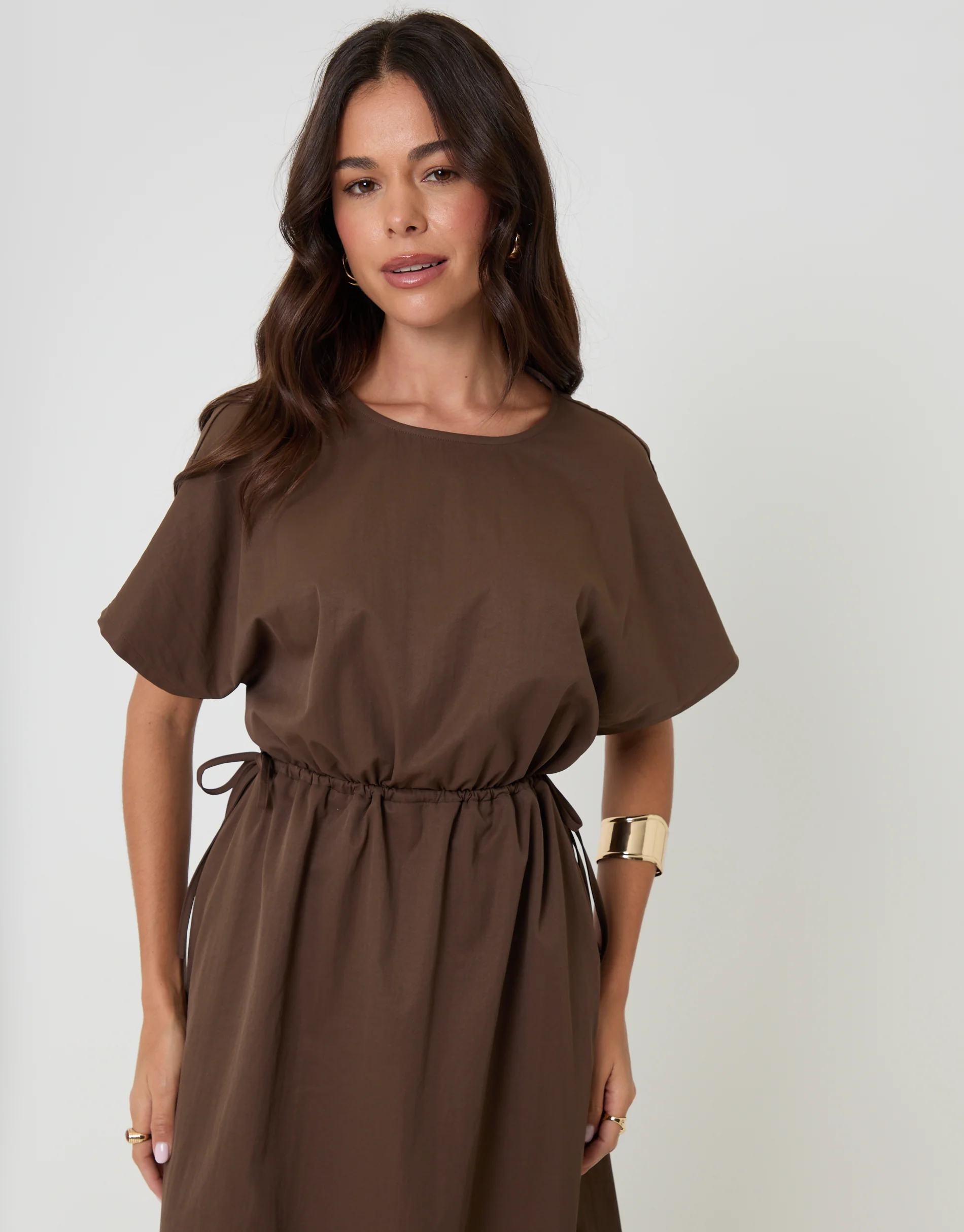 Kimono Sleeve Drawstring Waist Midi Dress in Chocolate Brown - Image 4