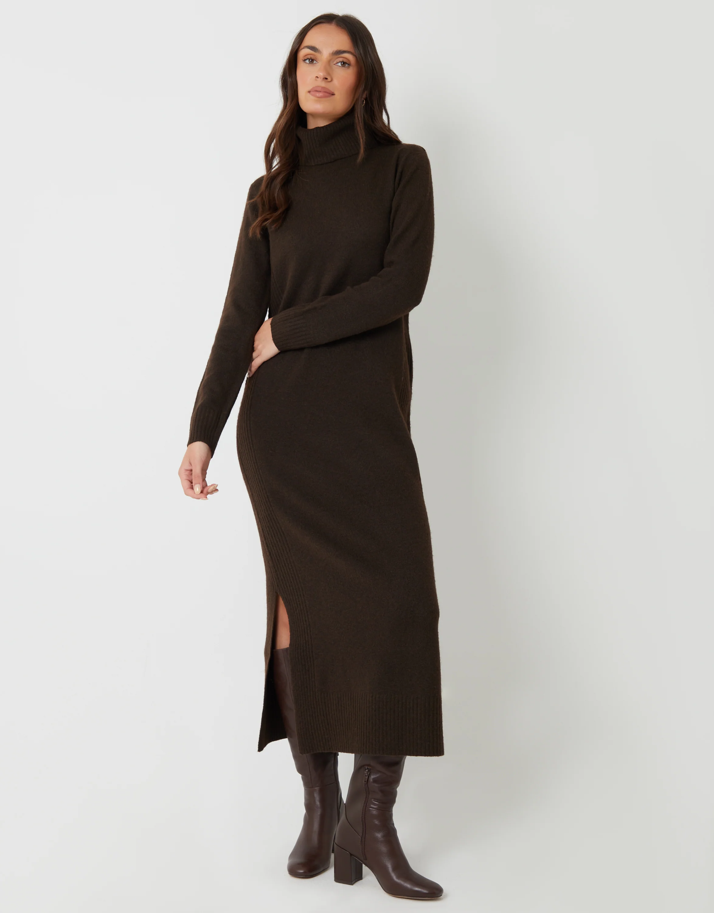 Knitted Roll Neck Maxi Dress in Chocolate Brown - Image 3