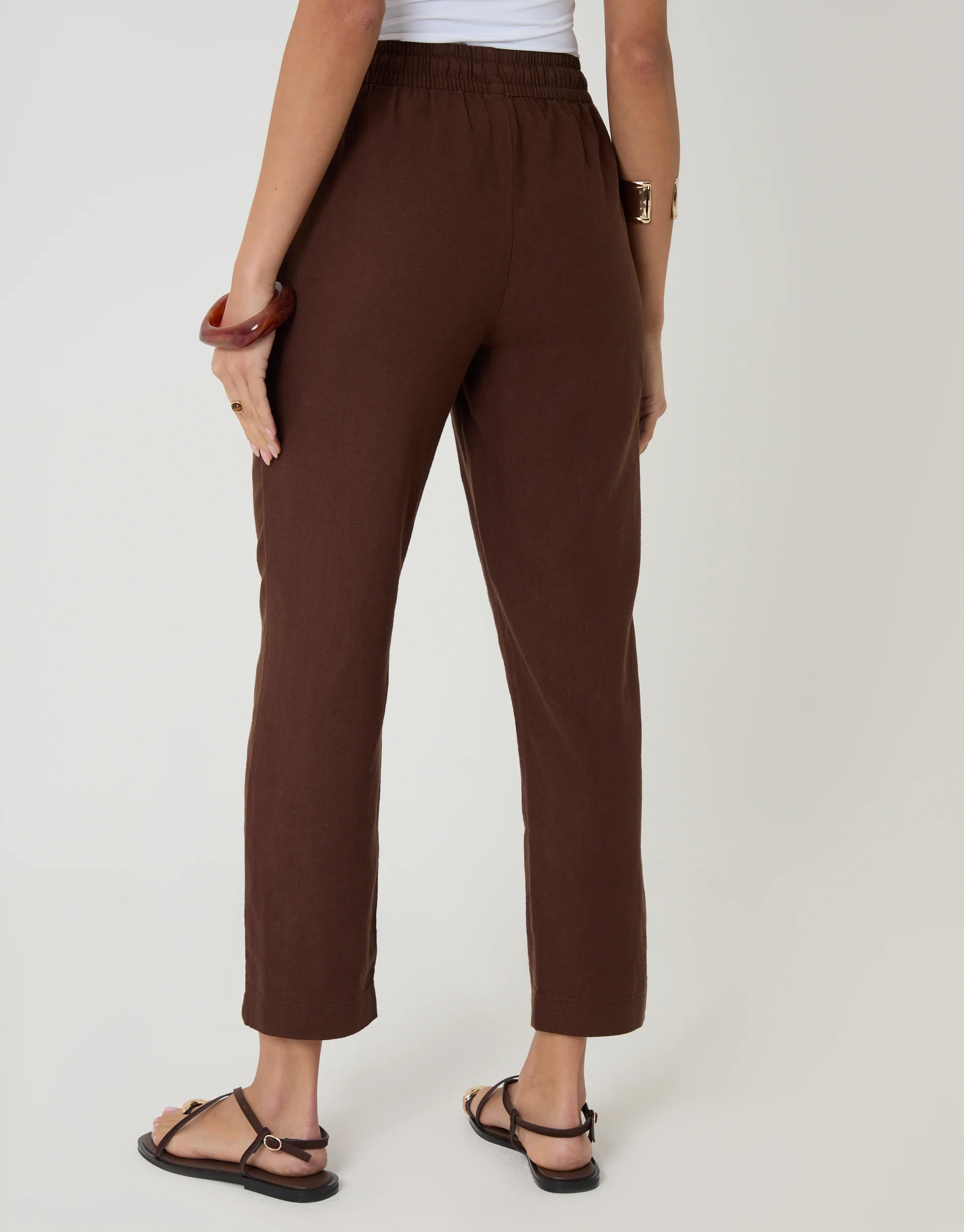 Linen Blend Drawstring Trousers in Chocolate Brown - Image 3