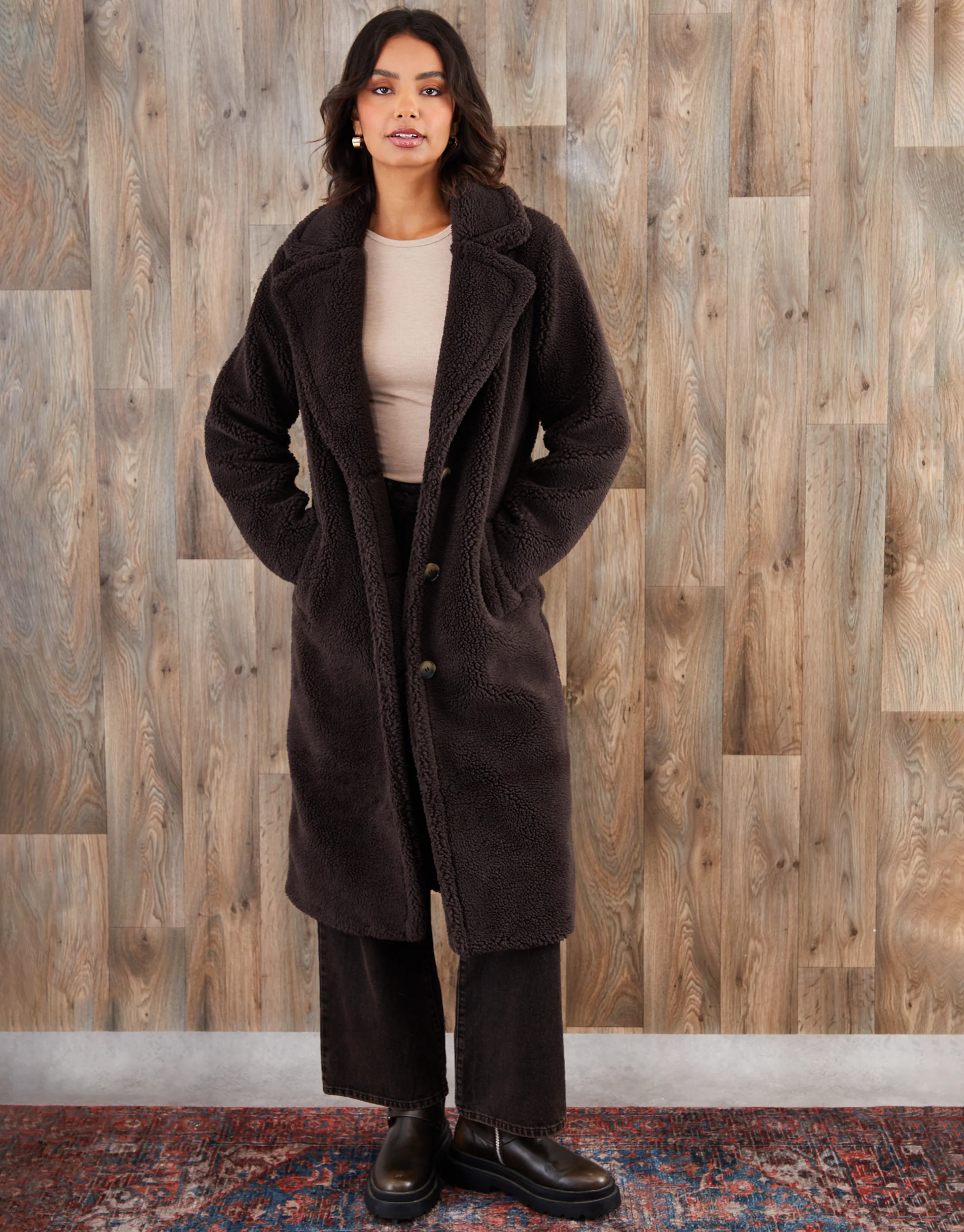 Longline Borg Teddy Coat in Chocolate Brown - Image 3